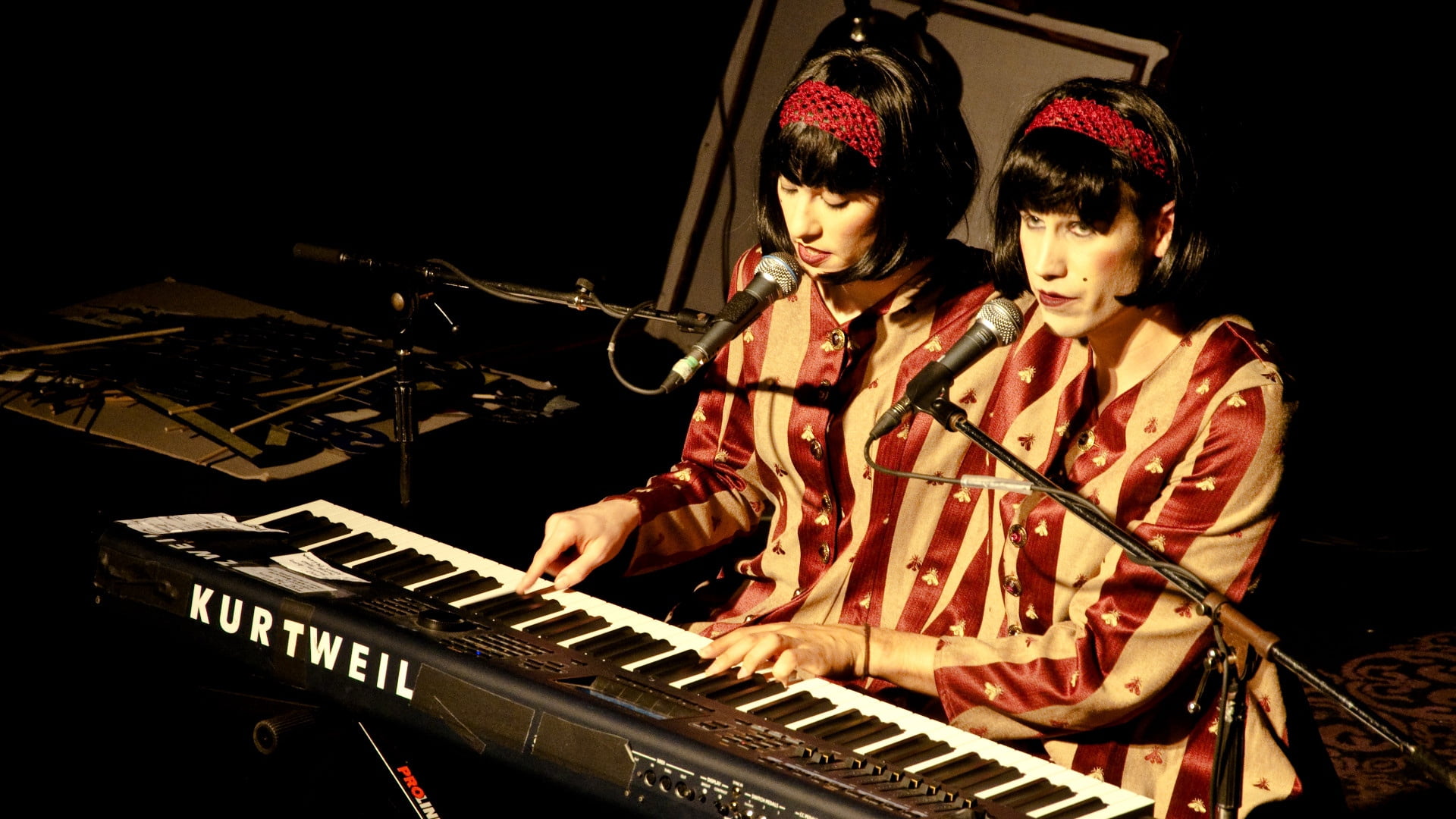musician, piano, evelyn evelyn, togetherness, performance, piano key, synthesizer, keyboard instrument, waist up, musical equipment, females, black background, HD Wallpaper