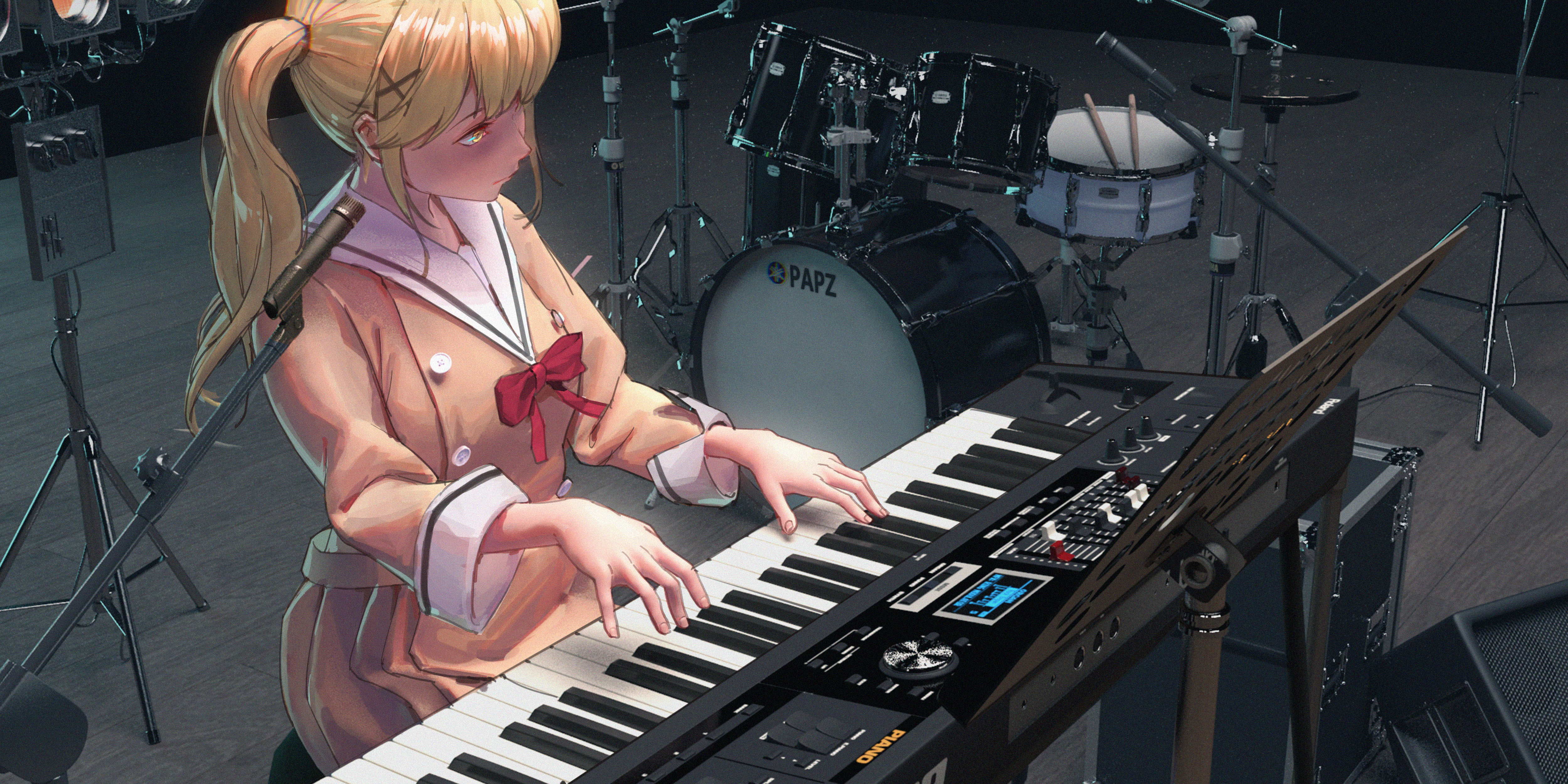 anime girls, anime, Arisa Ichigaya (BanG Dream!), drums, BanG Dream!, microphone, speakers, long hair, yellow hair, yellow eyes, synthesizer, 4K, HD Wallpaper
