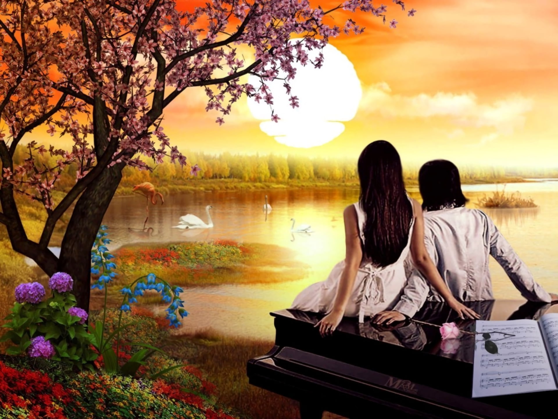 two People, positive emotion, river, togetherness, bonding, facing, happiness, piano, couple - relationship, rear View, real people, 1080P, HD Wallpaper