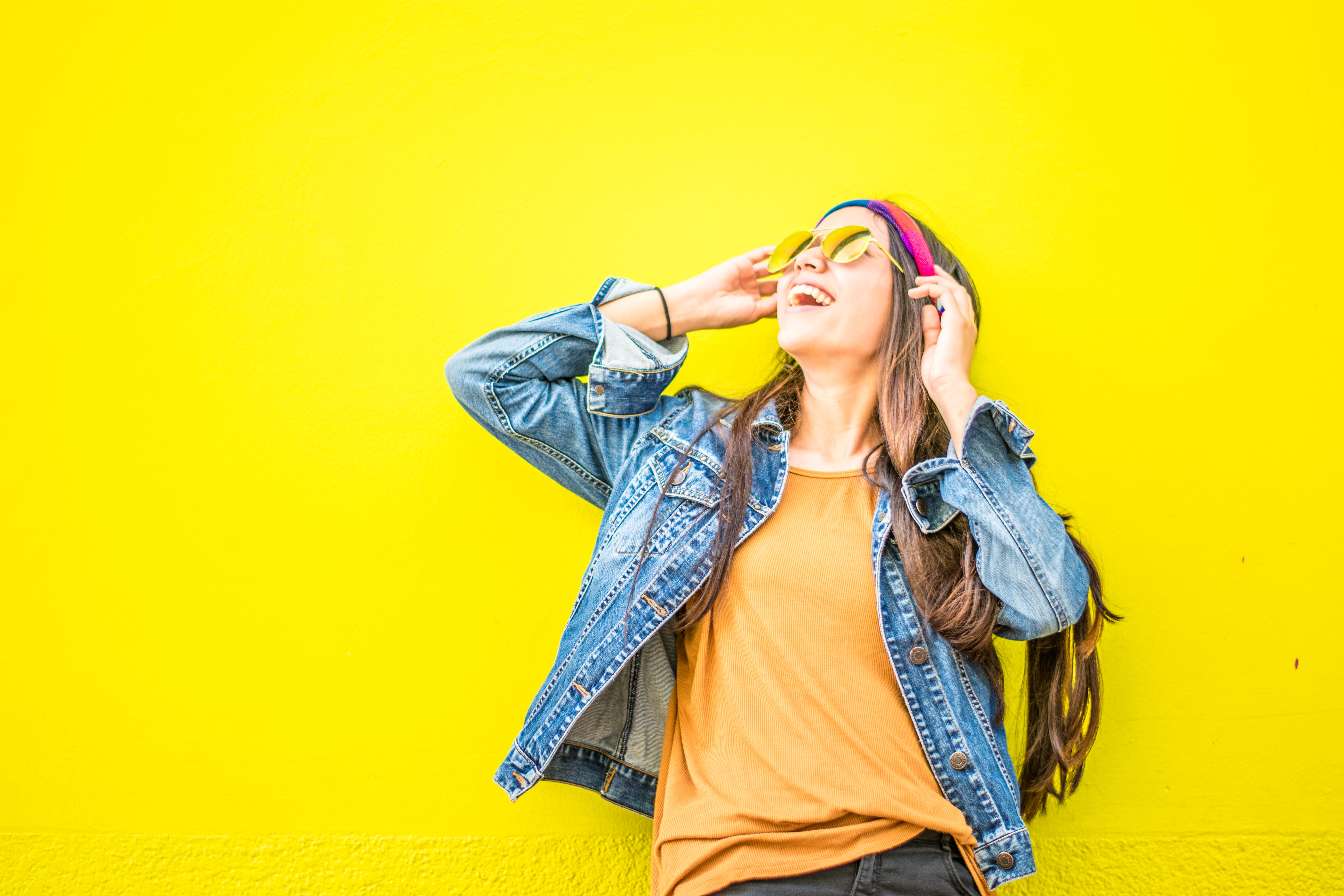fashion, vibrant color, style, 5K, beautiful, yellow background, wall, women, cute, portrait, smiling, sunglasses, model, beautiful people, yellow, attractive, HD Wallpaper