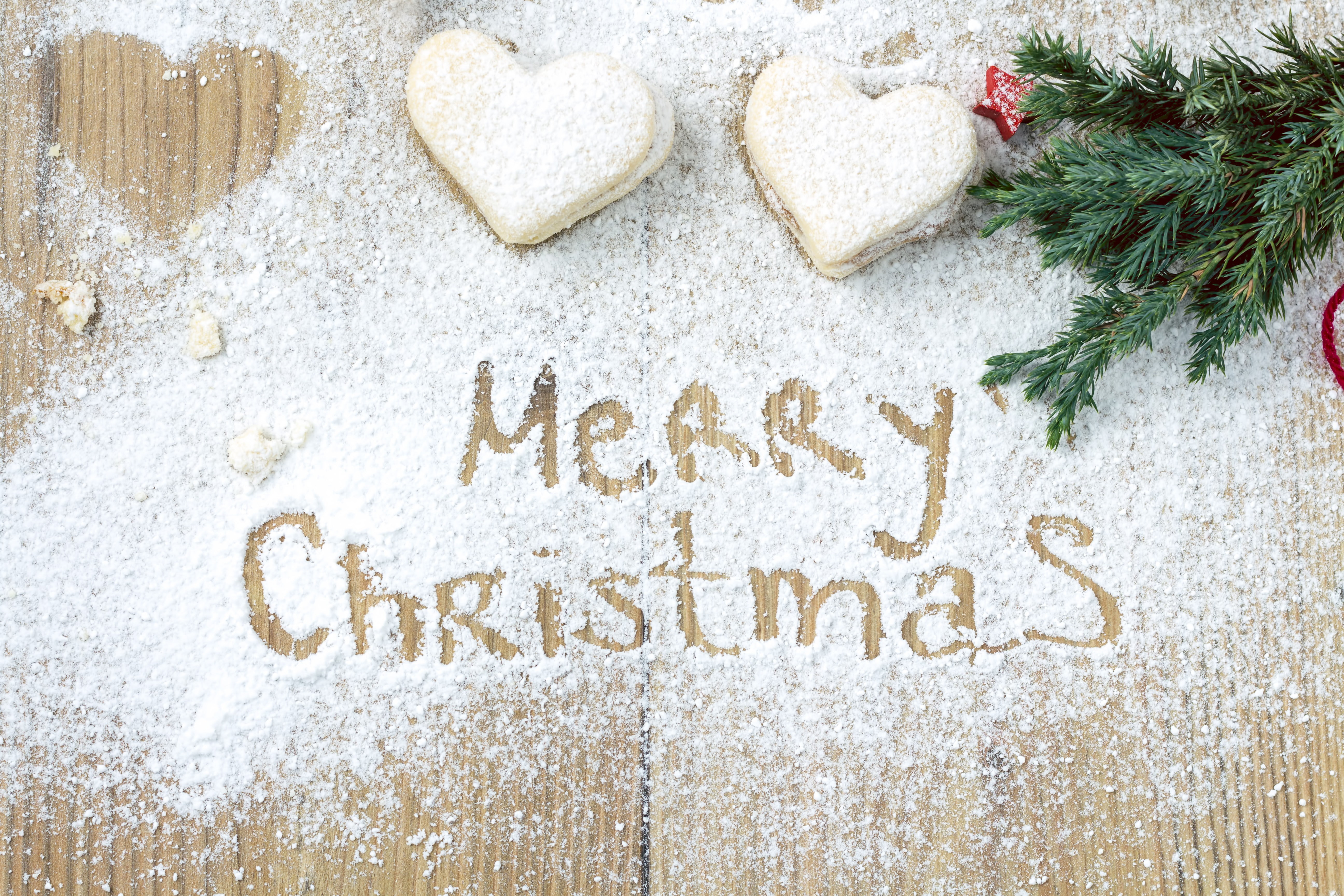 marry christmas, branch, 5K, powdered sugar, holiday cookies, HD Wallpaper