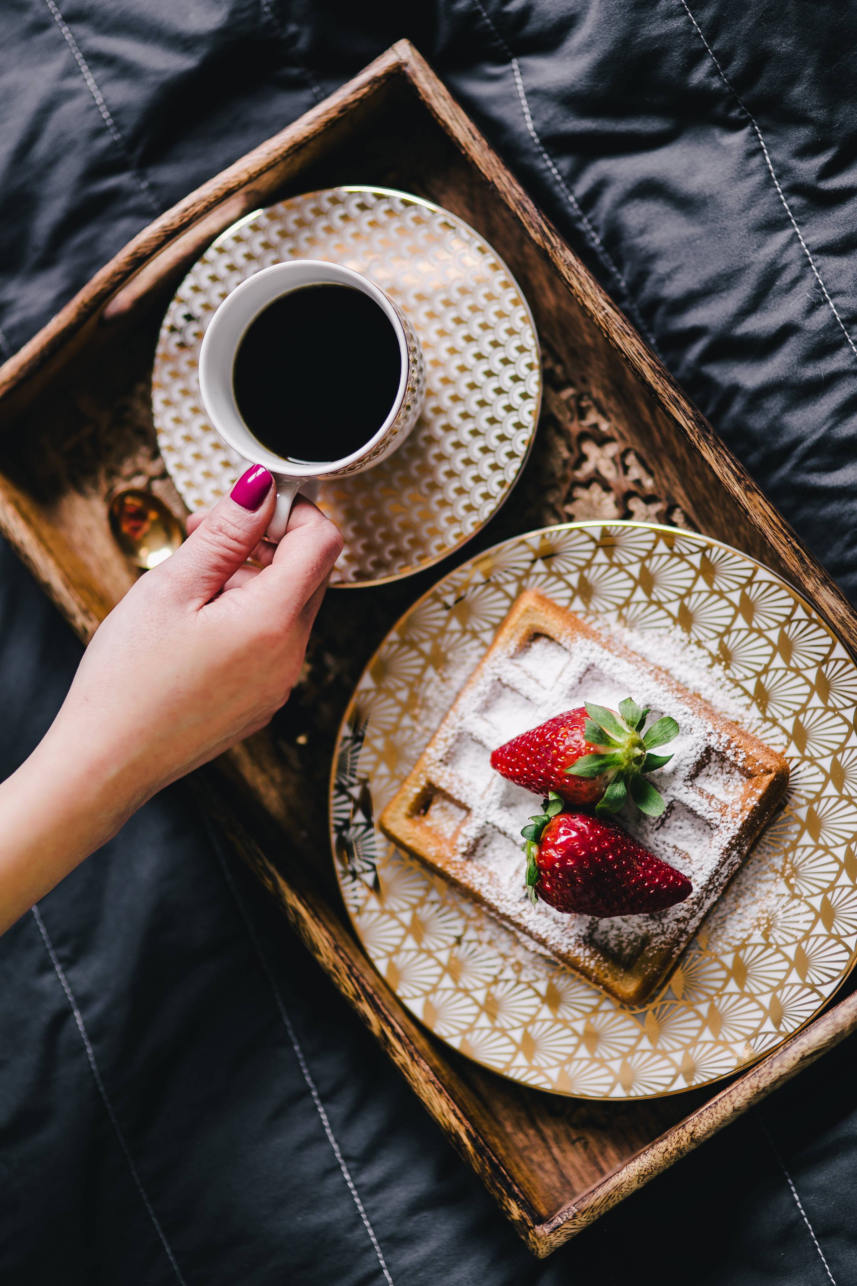 strawberry, holding, one person, sugar, food, golden plate, wooden tray, tray, hand, temptation, plate, berry fruit, real people, food and drink, bed, vola, Phone HD Wallpaper