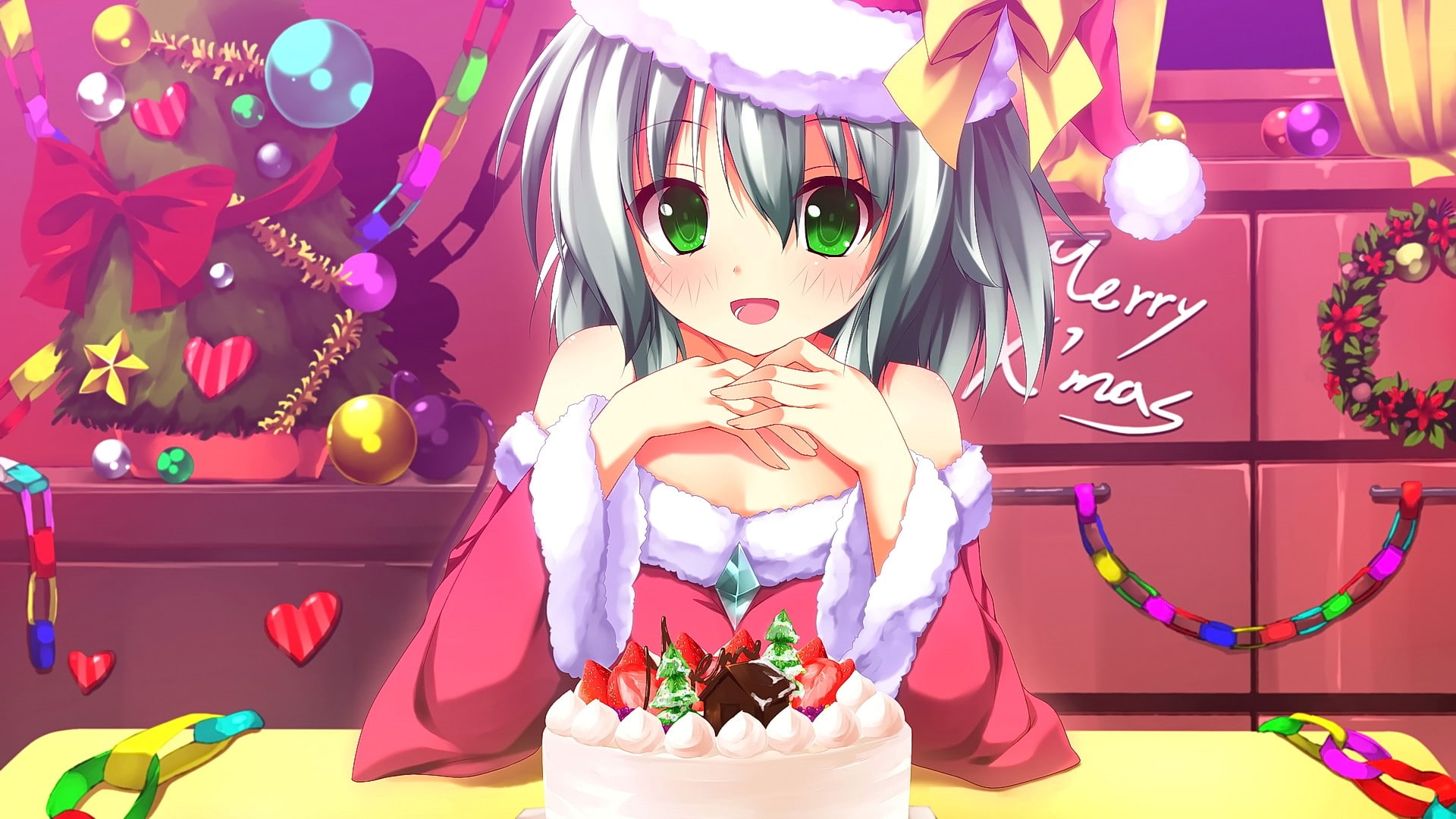anime girls, Christmas, anime, cake, 1080P, silver hair, Komeiji Koishi, Touhou, green eyes, HD Wallpaper