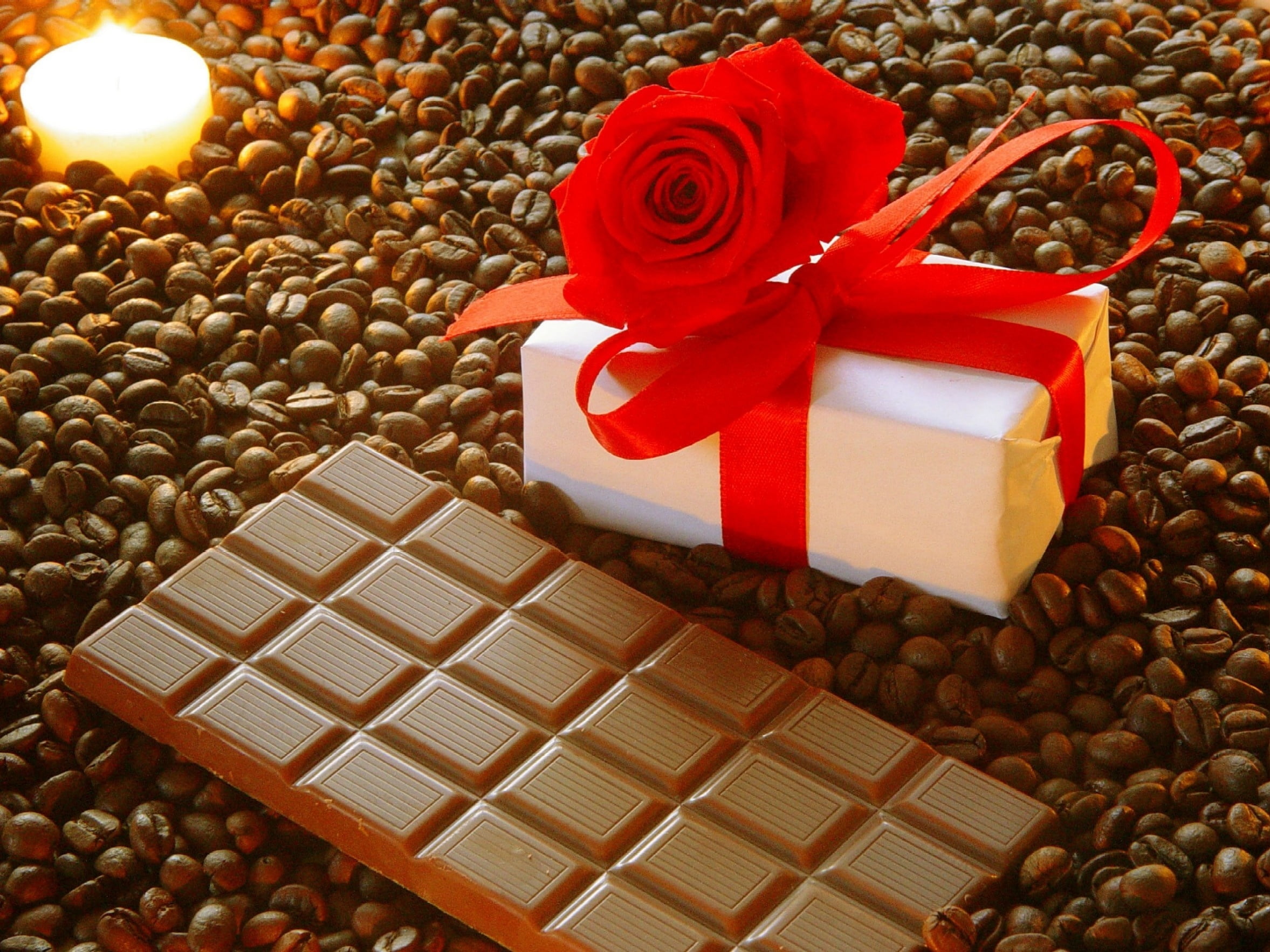 valentines Day - Holiday, ribbon - sewing item, celebration, freshness, temptation, brown, coffee, food, red, corn, candy, gift, container, gift box, 1080P, HD Wallpaper