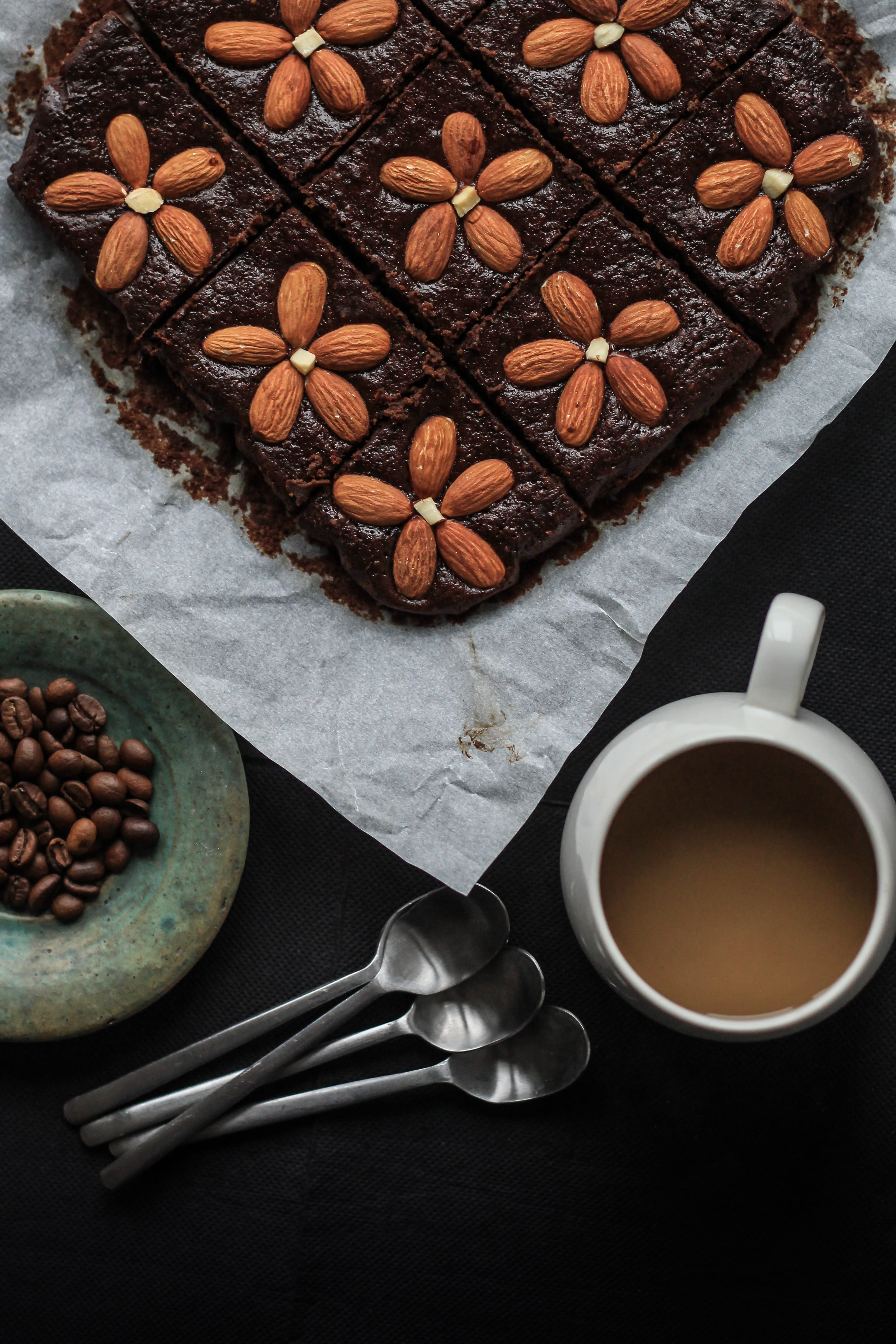 healthy eating, hot drink, high angle view, dessert, spoon, no people, almond, coffee, cake, drink, eating utensil, brownies, crockery, almonds, coffee - drink, Phone HD Wallpaper