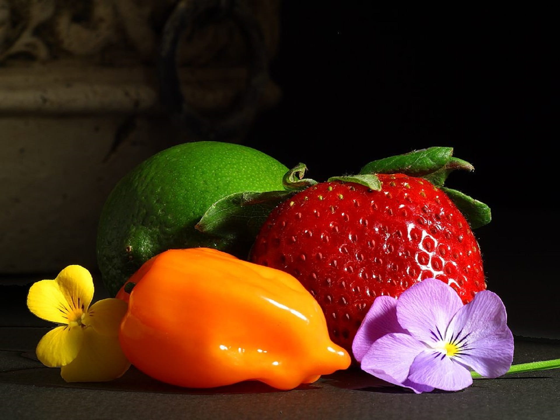 no people, yellow pepper, berry fruit, display, edible, close-up, red, table, assorted, leaf, indoors, plant, still life, flowering plant, healthy Eating, HD Wallpaper