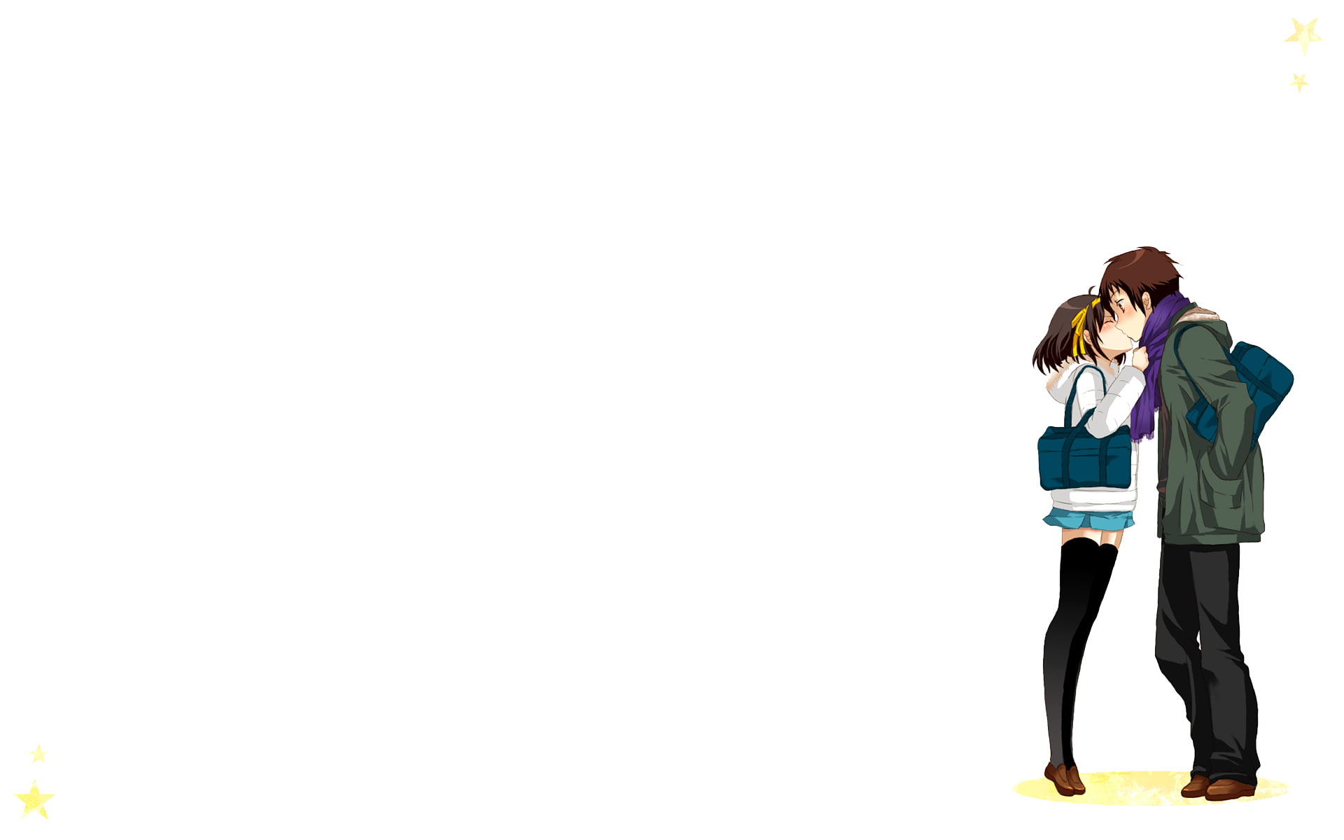 white, haruhi, short, mglg, seifuku, blush, yuutsu, suzumiya, kyon, 1080P, kiss, hair, kairi, thighhighs, HD Wallpaper