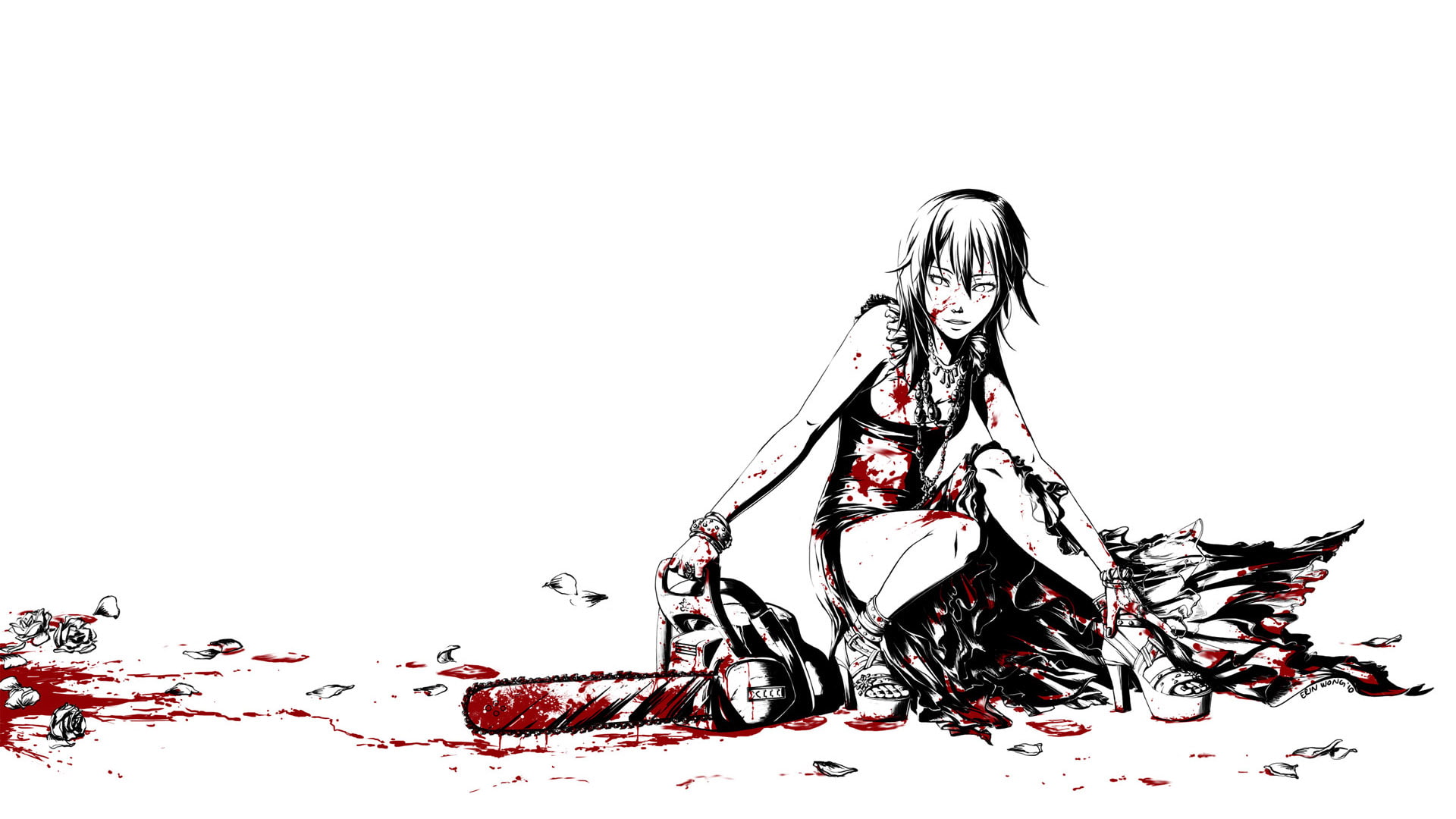 namine, white, cartoon/comic, 1080P, blood, anime, chainsaw, hd, HD Wallpaper