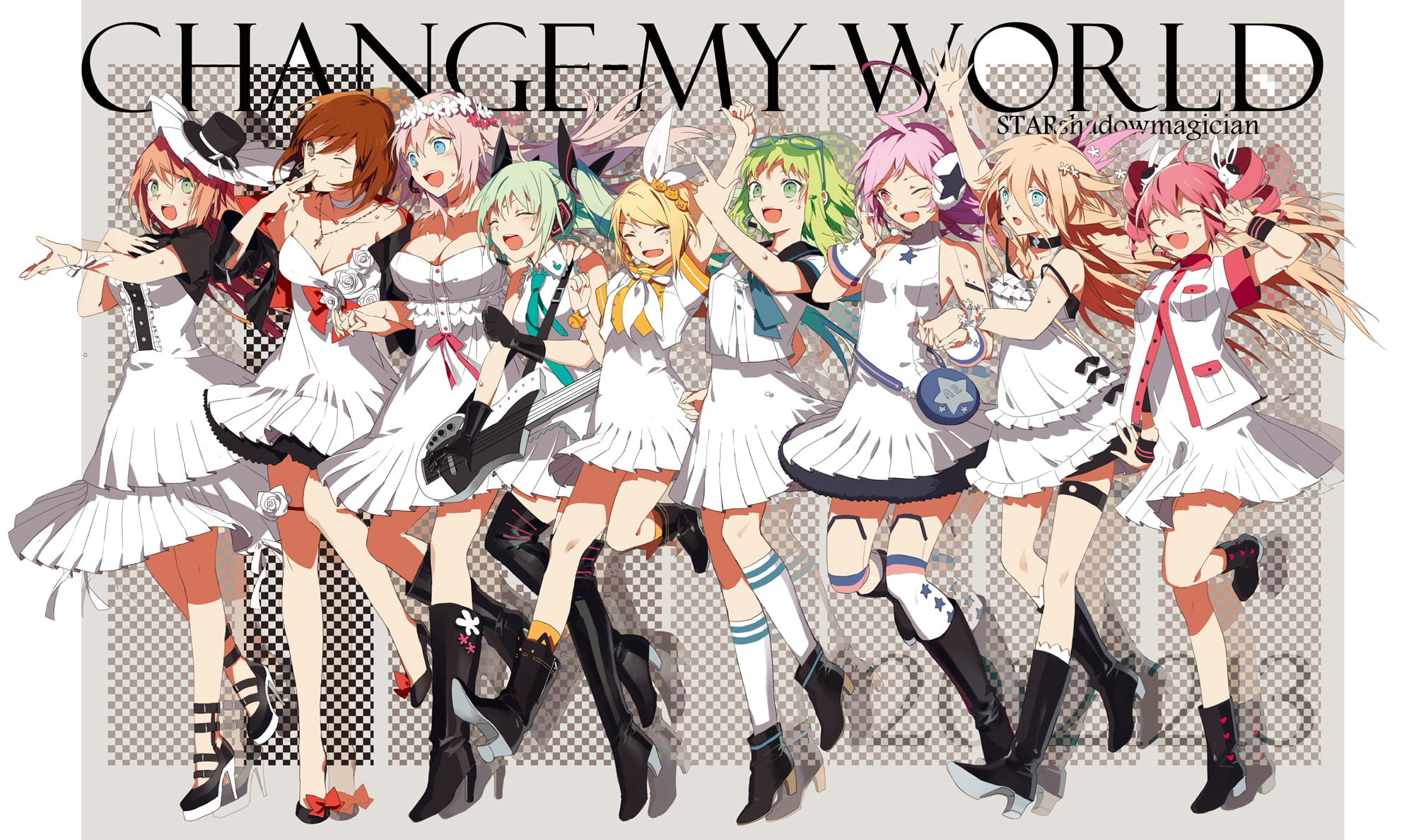 multi colored, large group of objects, creativity, 1080P, meiko, clothing, ritsu, hatsune, namine, miki, kasane, starshadowmagician, megurine, day, gumi, HD Wallpaper