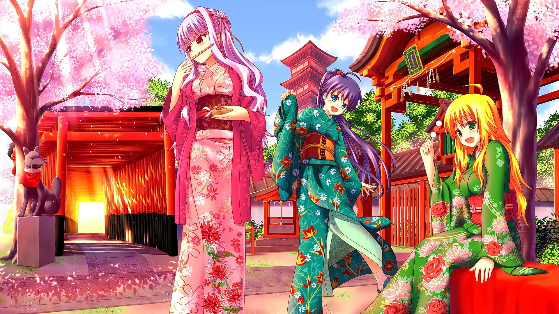 ornate, belief, outdoors, building, festival, kimono, sculpture, statue, anime, human representation, religion, shrine, day, decoration, anime girls, smiling, HD Wallpaper