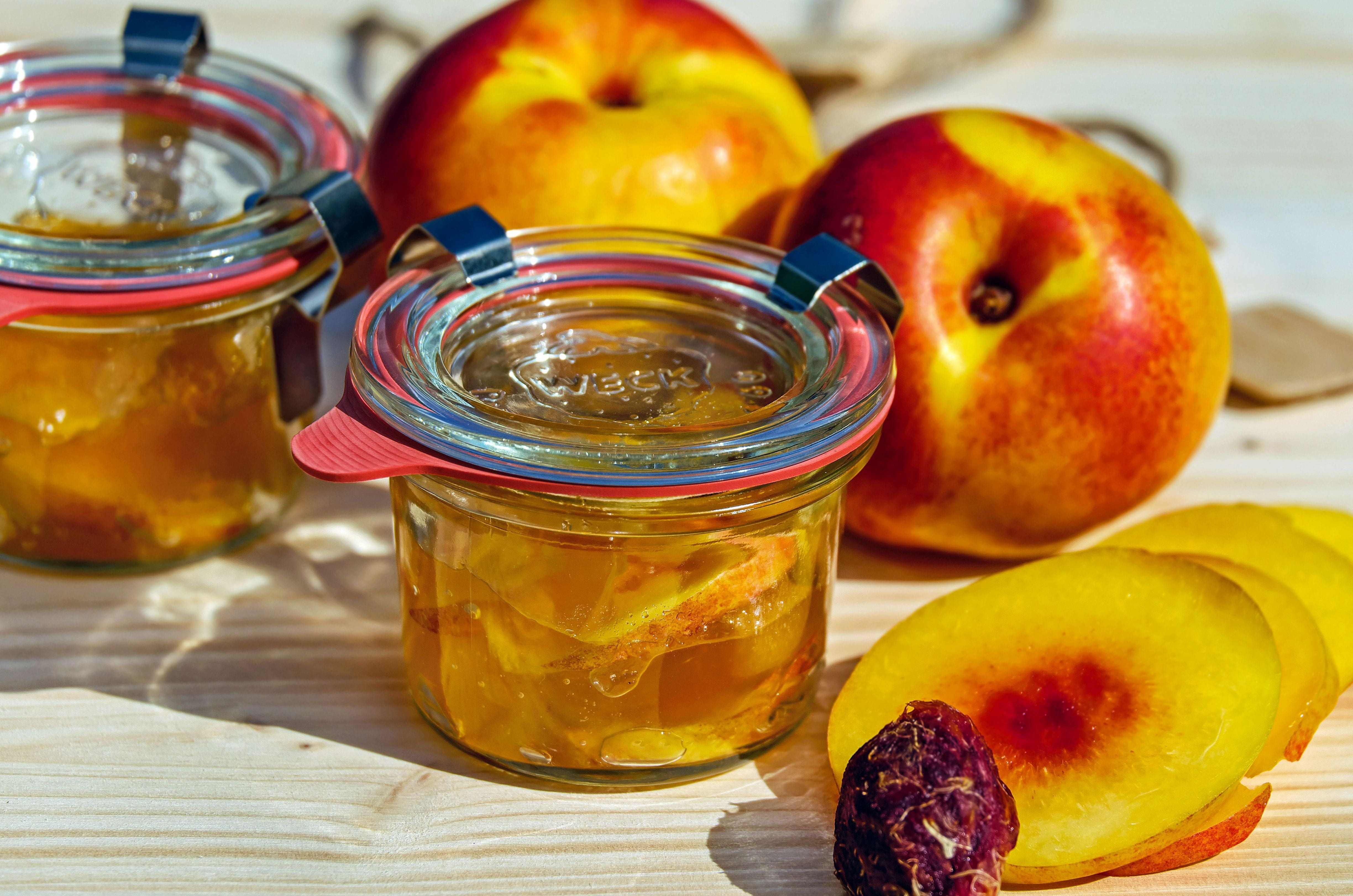 fruit, preparation, nectarine, airtight, mason jar, jam, close-up, freshness, vegetarian food, 4K, cook, glass - material, table, food, wood - material, HD Wallpaper