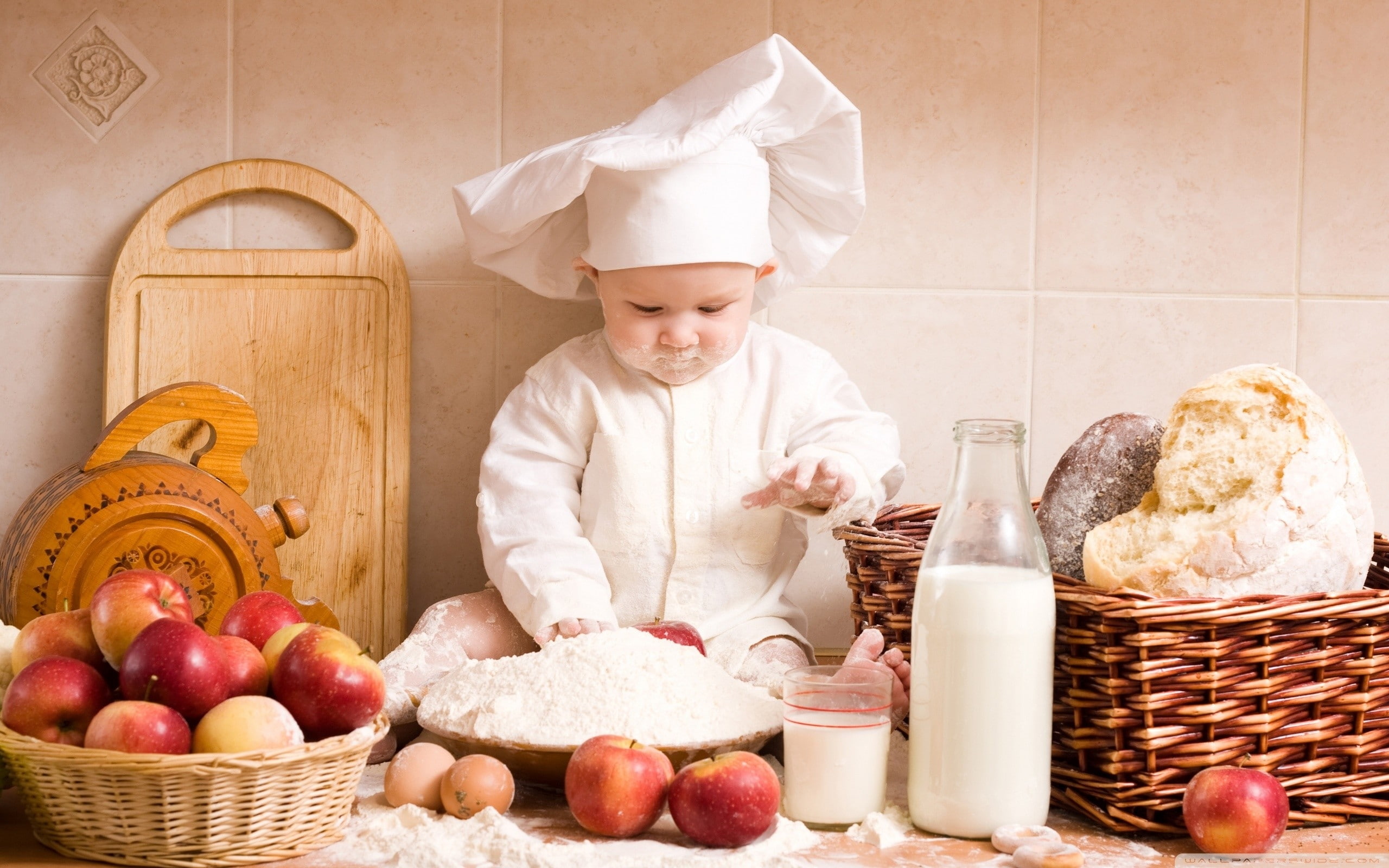apples, milk, hd, technology, food, cooking, baby, children, bread, chief, art, cooks, 2K, apple, x, HD Wallpaper