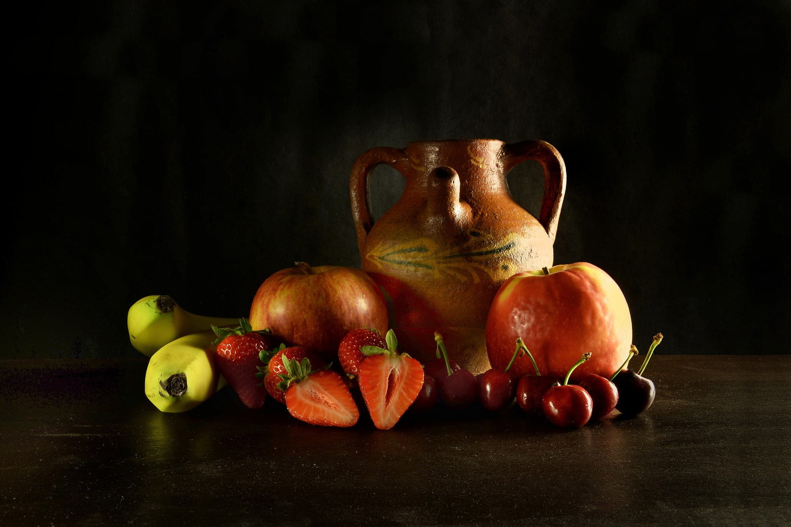 no people, representation, fruit, close-up, red, food and drink, table, bananas, cup, strawberries, 720P, healthy eating, indoors, studio shot, apples, HD Wallpaper