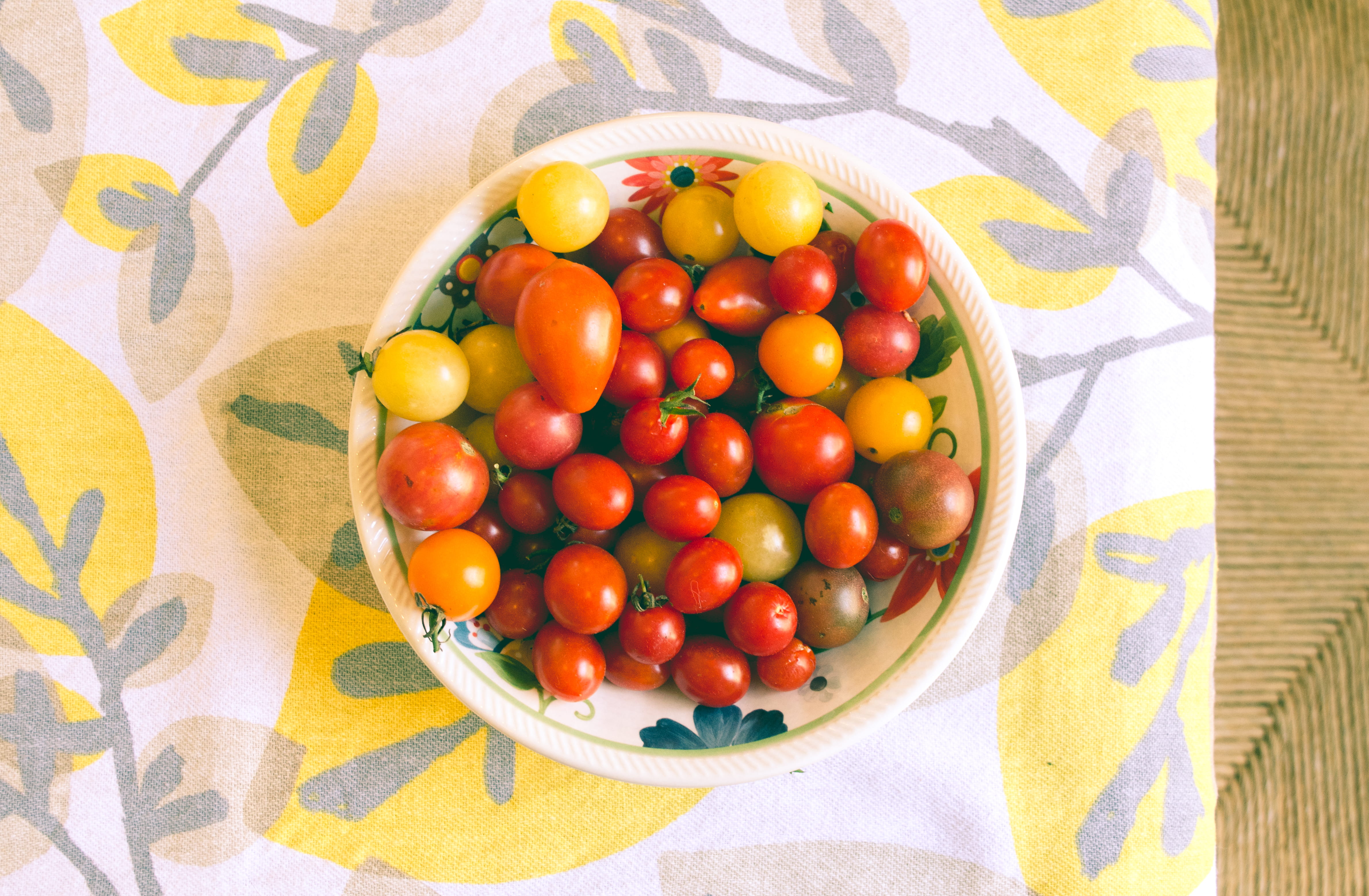 tasty, wellbeing, directly above, cherry tomatoes, grow, floral, healthy eating, red, multi colored, indoors, tablecloth, still life, food and drink, ripe, HD Wallpaper