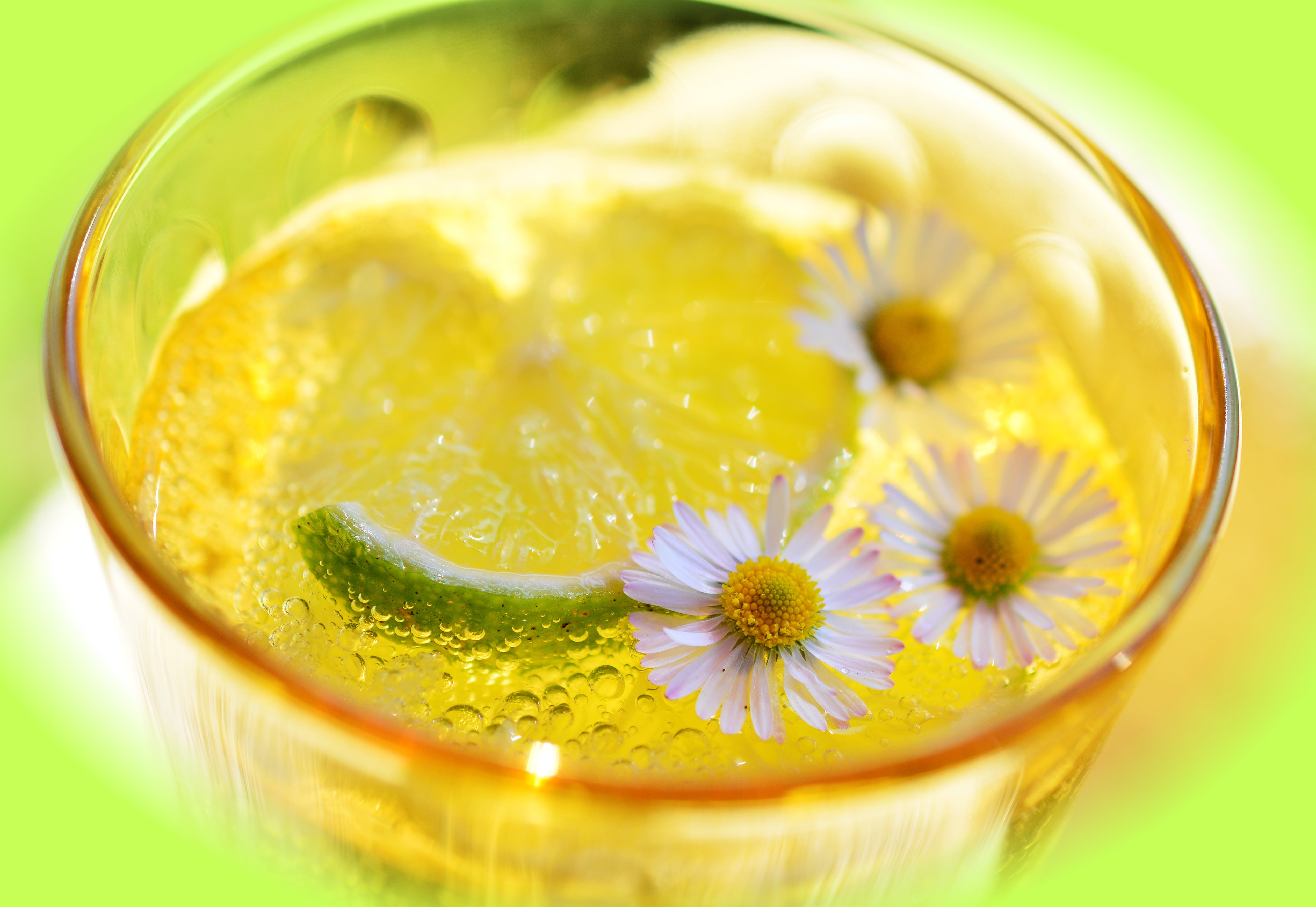 detox, no people, summer drink, green color, flowering plant, lemon, drinking glass, thirst, freshness, 4K, glass, close-up, colored background, erfrischungsgetränk, HD Wallpaper