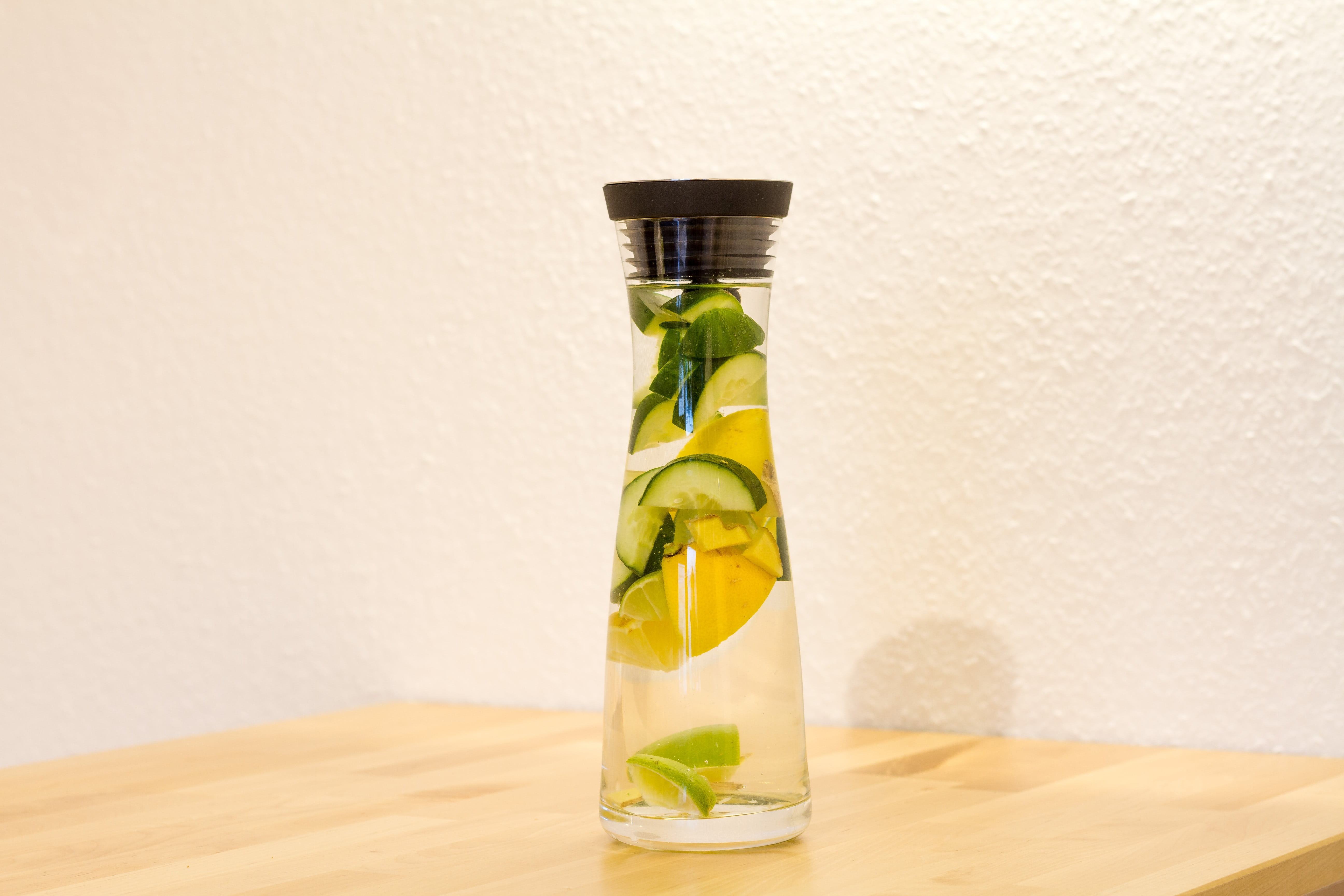 food and drink, food, mint leaf - culinary, glass carafe, cucumber, glass, water, wellbeing, herb, container, citrus, refreshment, bottle, lime, olive oil, HD Wallpaper