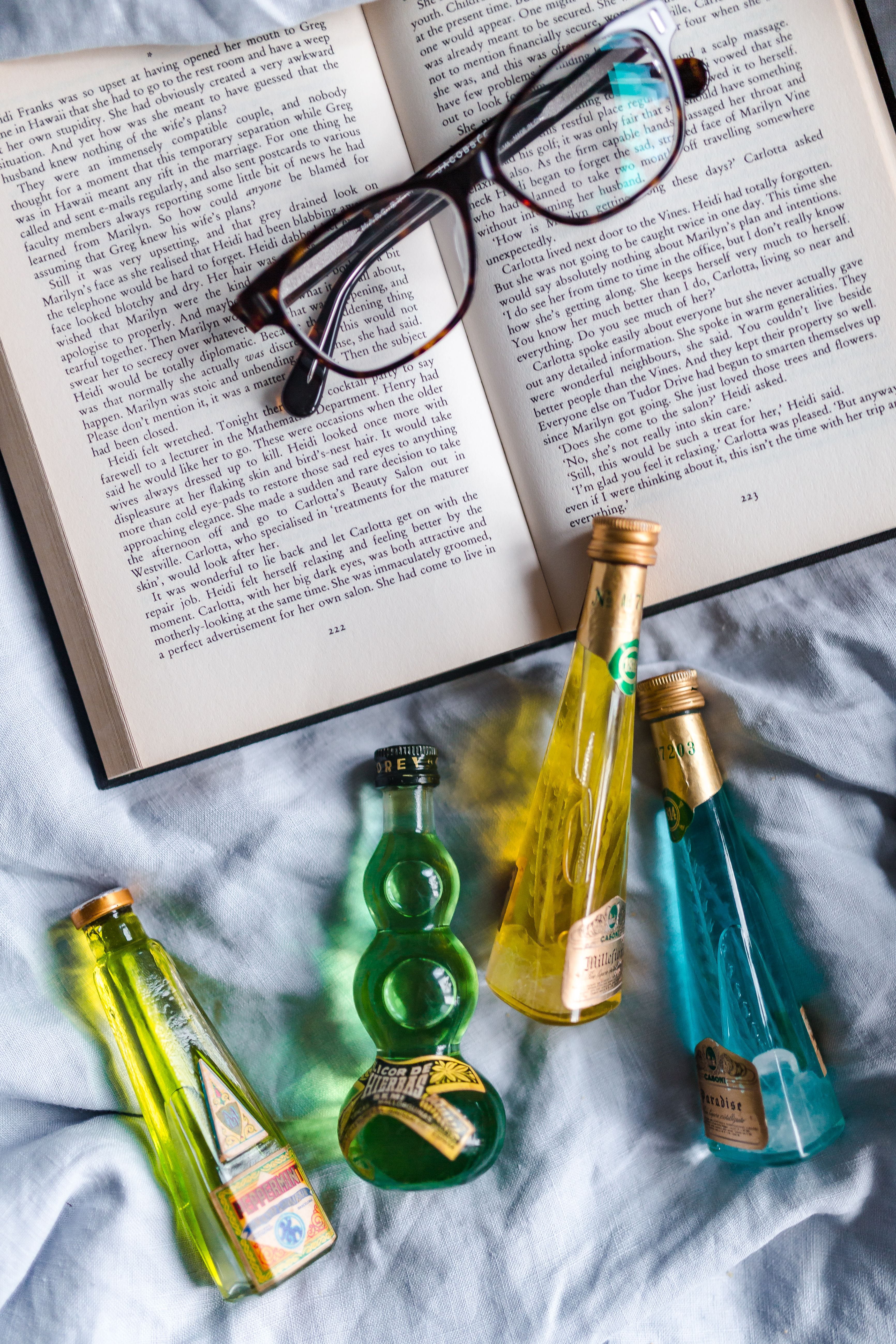 still life, bed, group, high angle view, colorful, liqueurs, read, top view, bed time, alcohol, education, book, drink, liquor, close-up, glasses, medical instrument, Phone HD Wallpaper