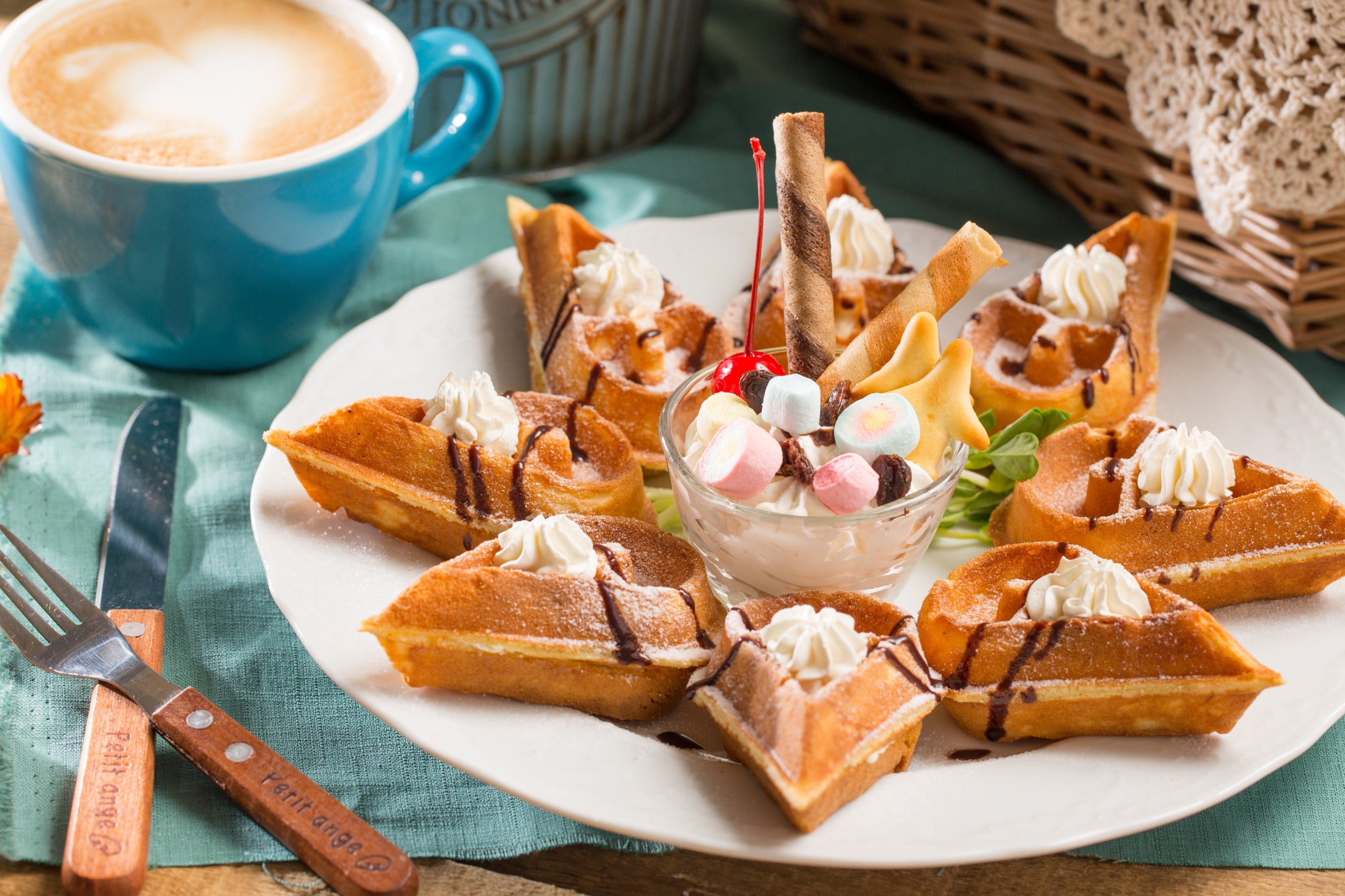 mug, no people, indoors, spoon, freshness, eating utensil, dessert, table knife, kitchen utensil, waffle, table, refreshment, drink, coffee cup, food and drink, HD Wallpaper