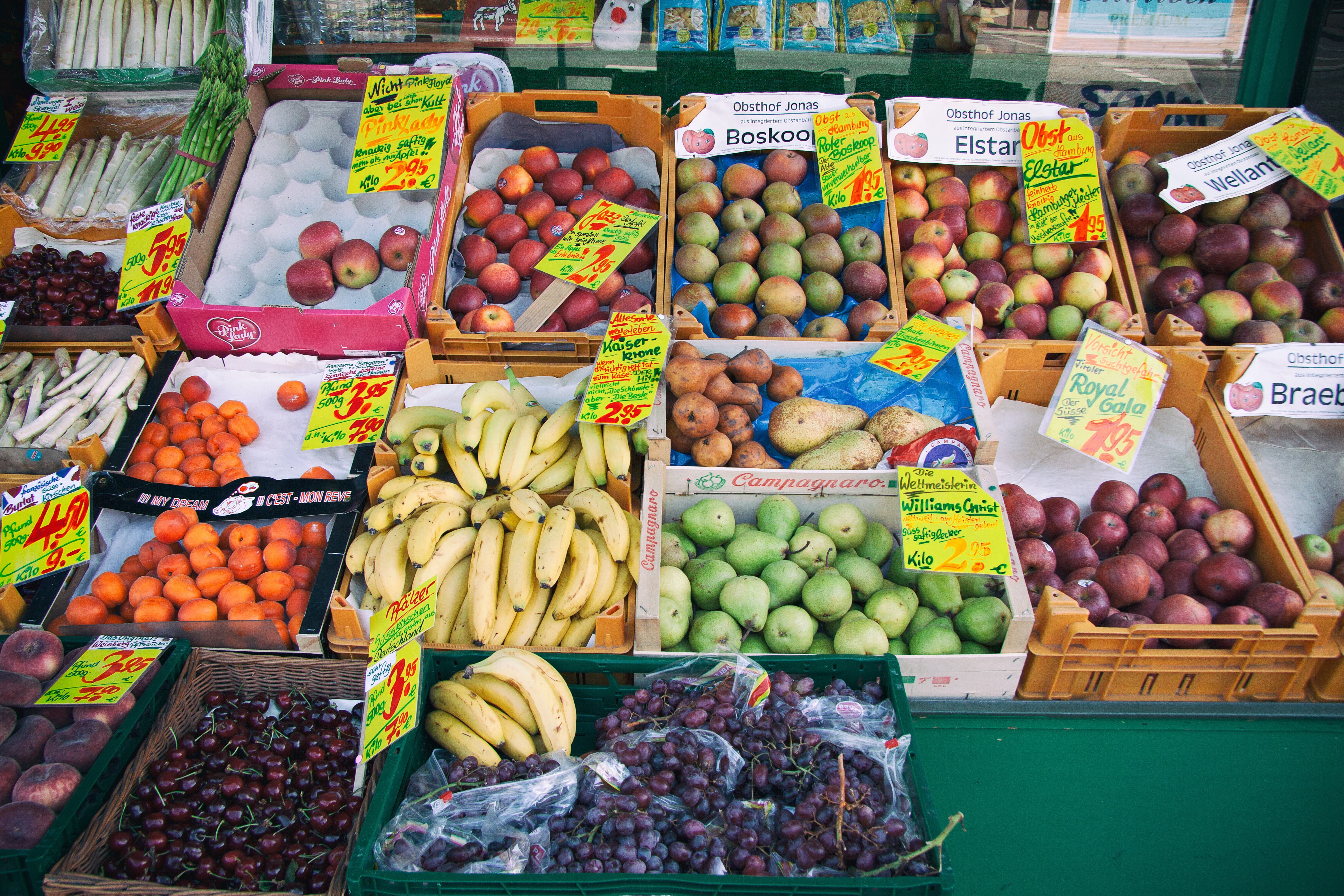 4K, fruit, freshness, colorful, choice, healthy, vitamin, container, retail, ripe, fresh, market stall, raw, wellbeing, vegetarian, assorted, large group of objects, HD Wallpaper