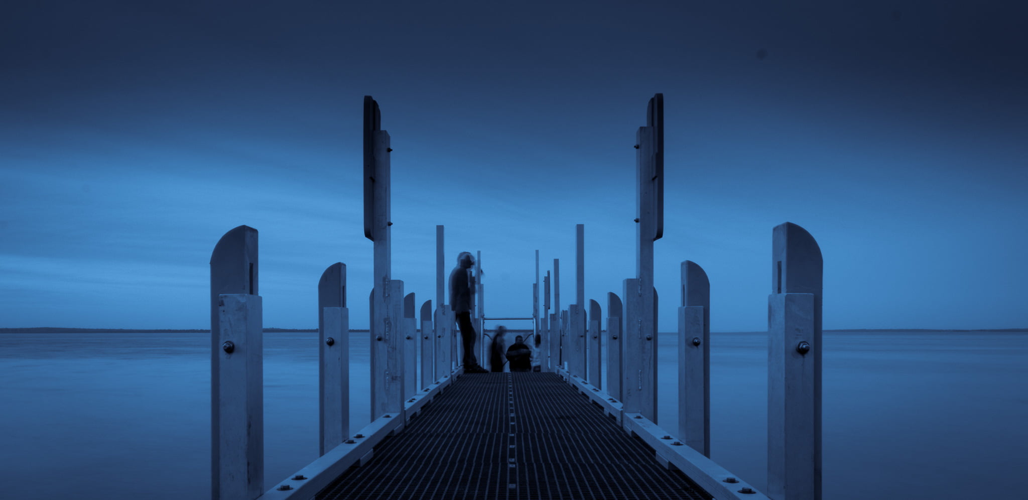 seascape, landscape, people, twilight, life, sea, blue, jetty, dark, Project, dock, structure, colour, standing, collects, color, sky, clouds, canon, long exposure, HD Wallpaper