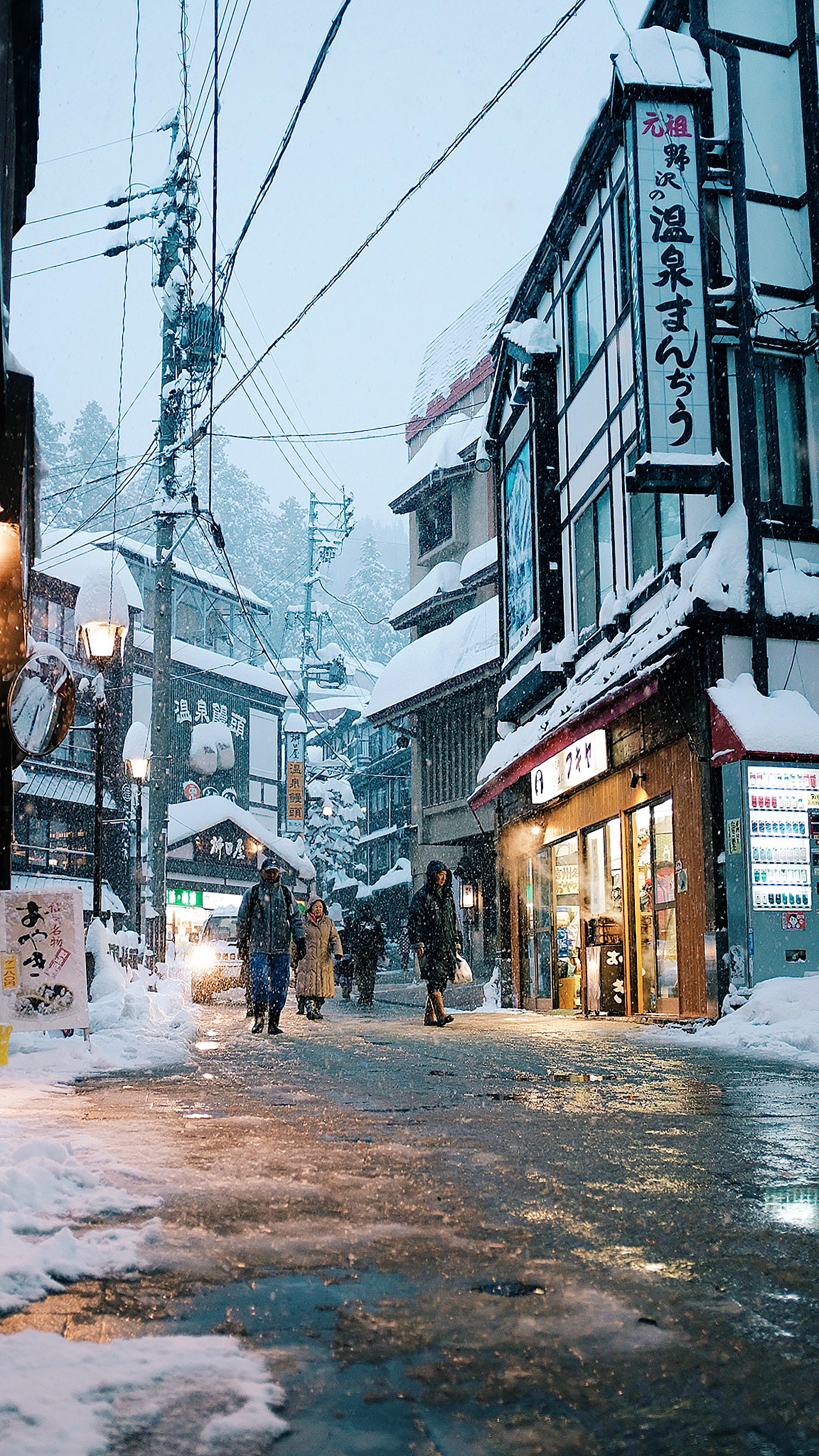 snowing, electricity, nozawa, city street, street, road, walking, incidental people, city life, day, cold, snow, cold temperature, winter, built structure, Phone HD Wallpaper