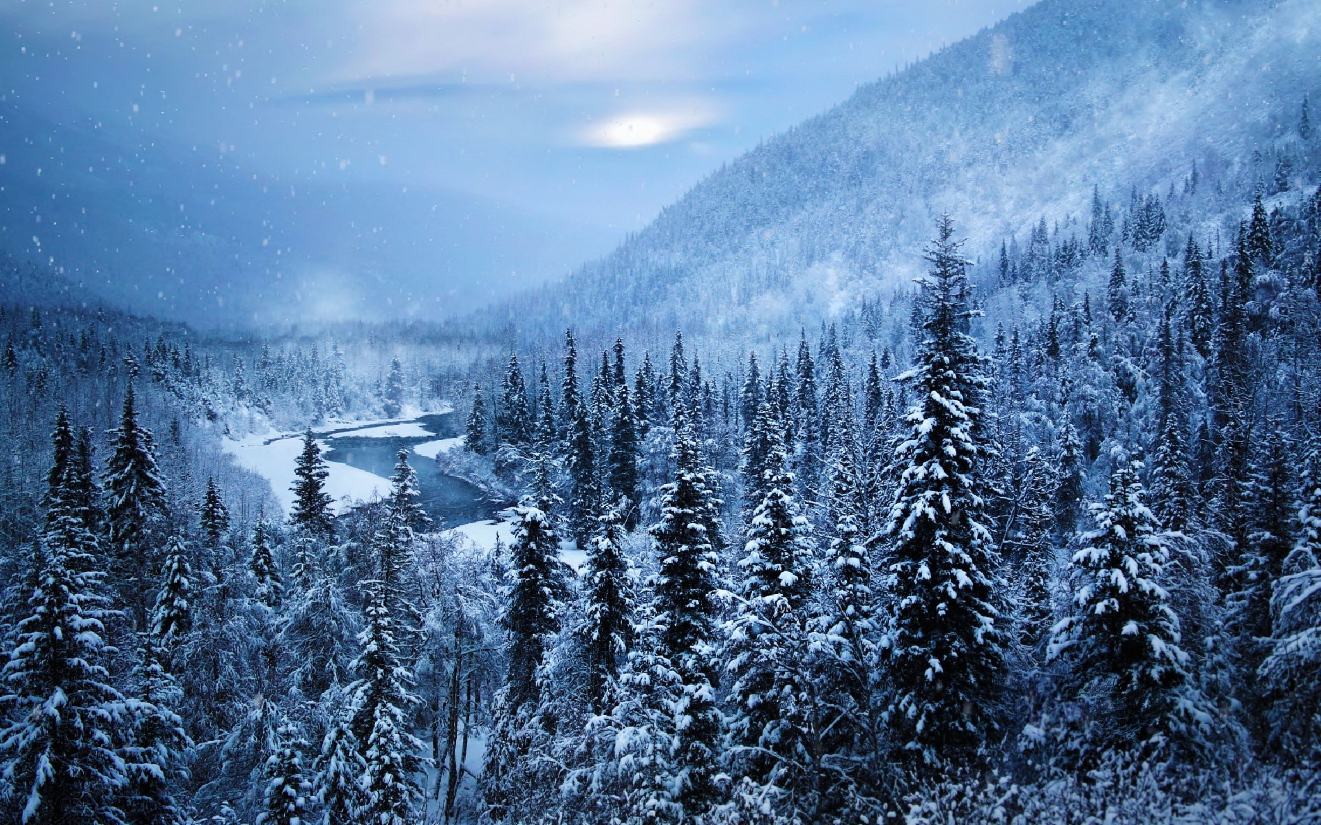 river, winter, 1080P, Alaska, trees, nature, landscape, snow, cold, white, mountains, forest, HD Wallpaper