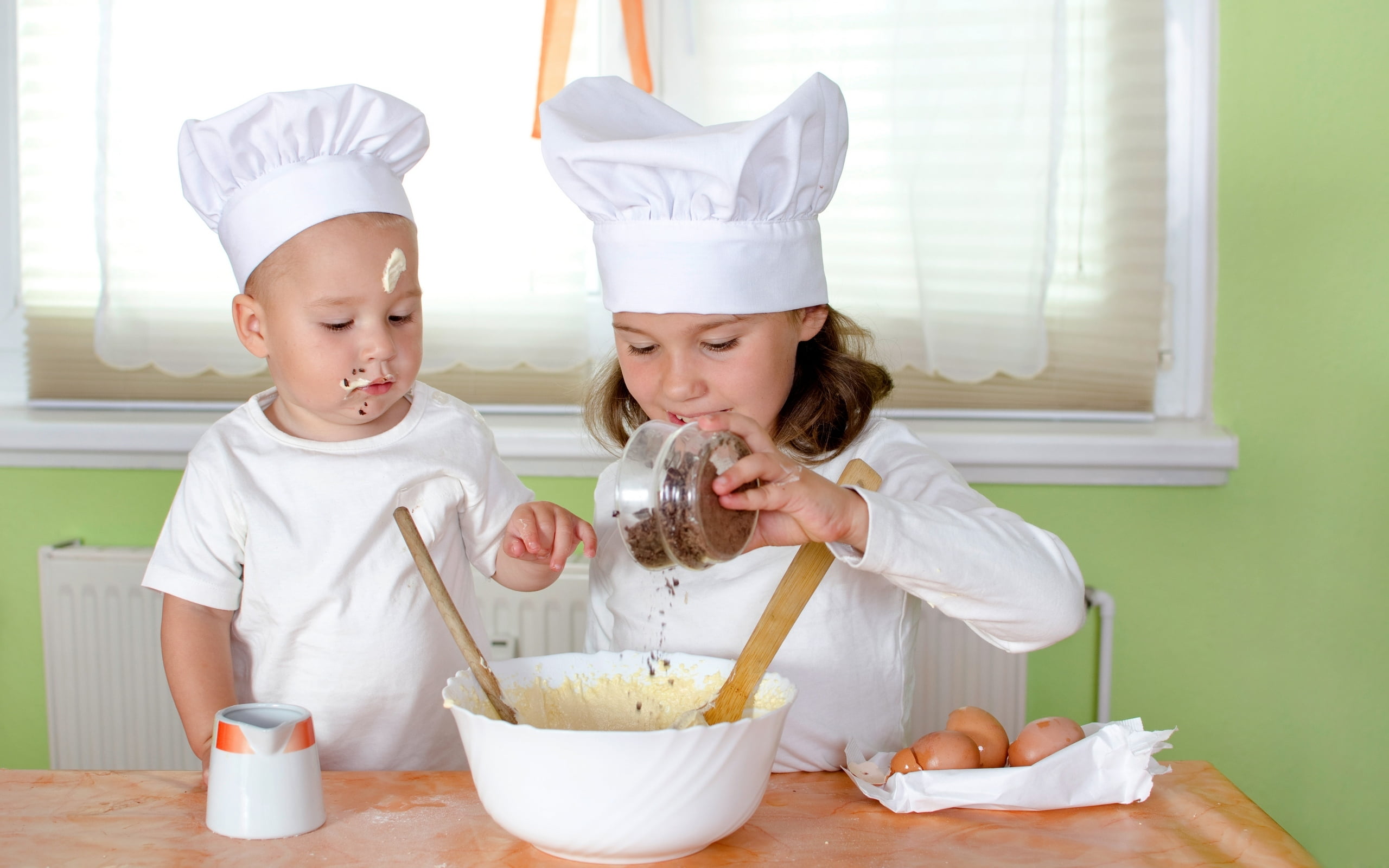 healthy Eating, holding, happiness, boys, uniform, table, family, making, preparation, food, baby, bowl, cream, kneading, indoors, two people, boy, people, HD Wallpaper