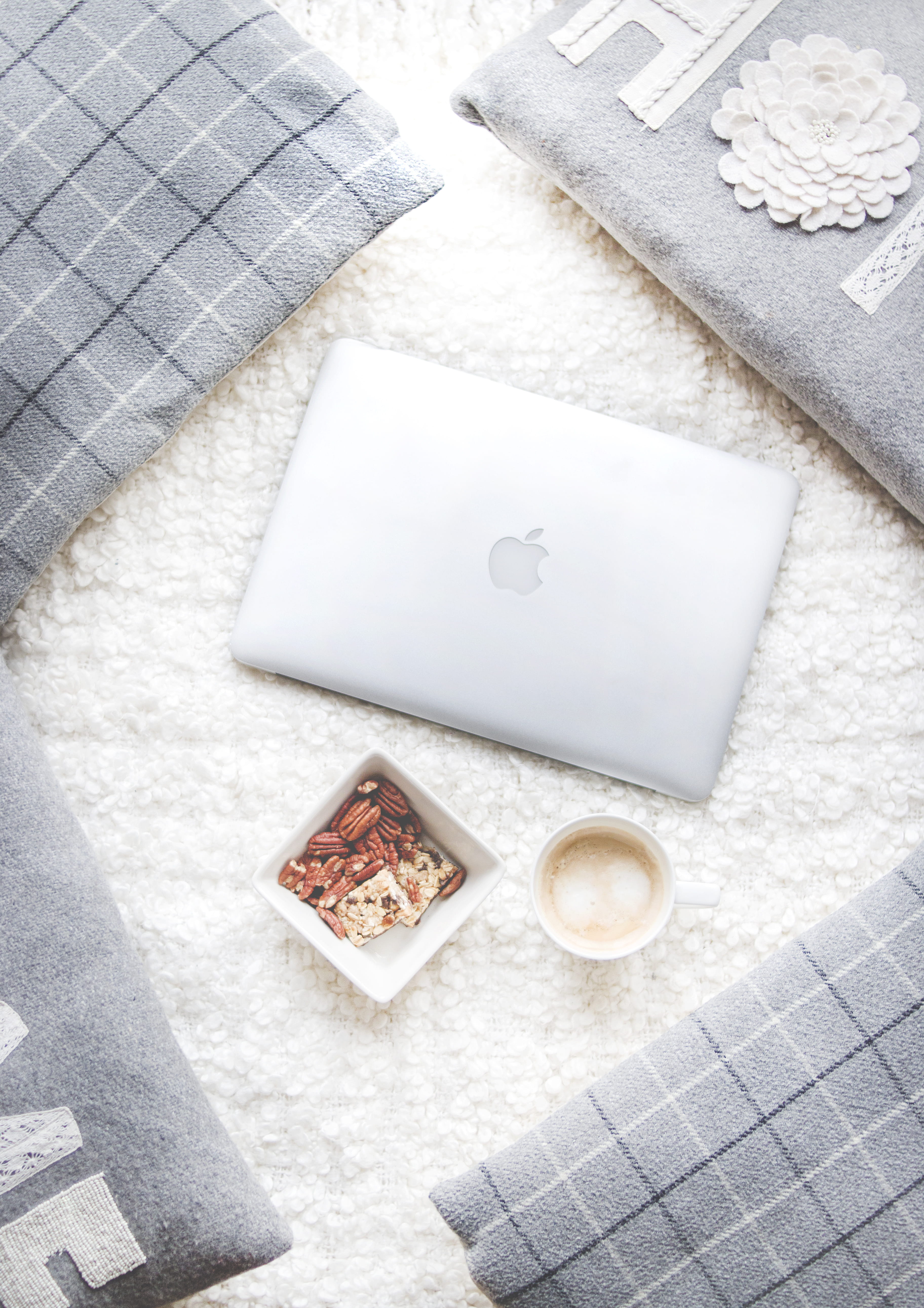 flatlay, indoors, coffee, working space, directly above, food and drink, table, cappuccino, nuts, design, muesli bar, bed, close-up, white color, textile, Phone HD Wallpaper