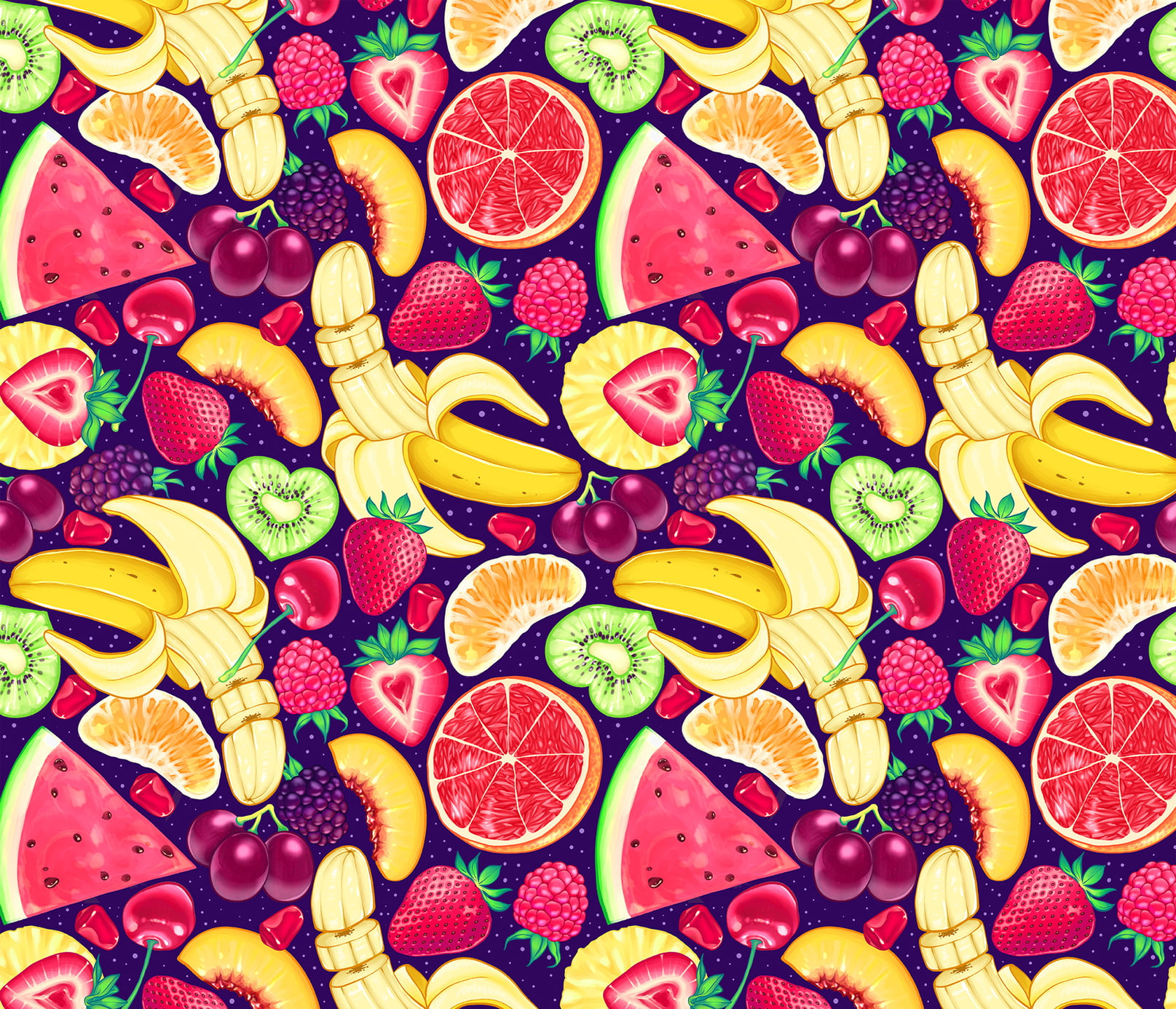 orange, cherry, kiwi, bright, pattern, watermelon, banana, mango, strawberry, grapes, delicious, 720P, raspberry, blackberry, HD Wallpaper