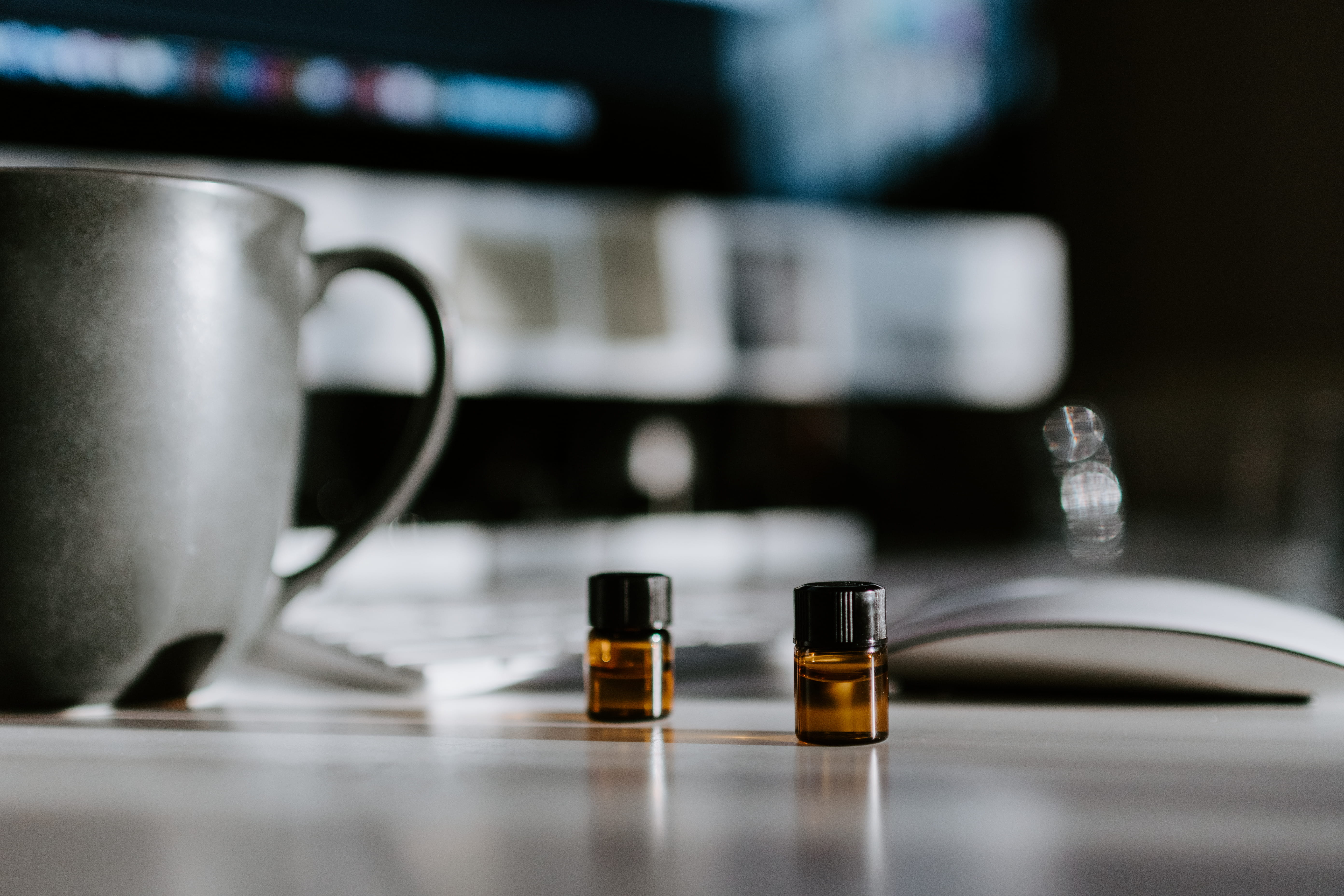 bright, healthcare and medicine, health, table, pottery, paper, no people, dropper, coffee cup, close-up, essential oil, amber, focus on foreground, white, HD Wallpaper