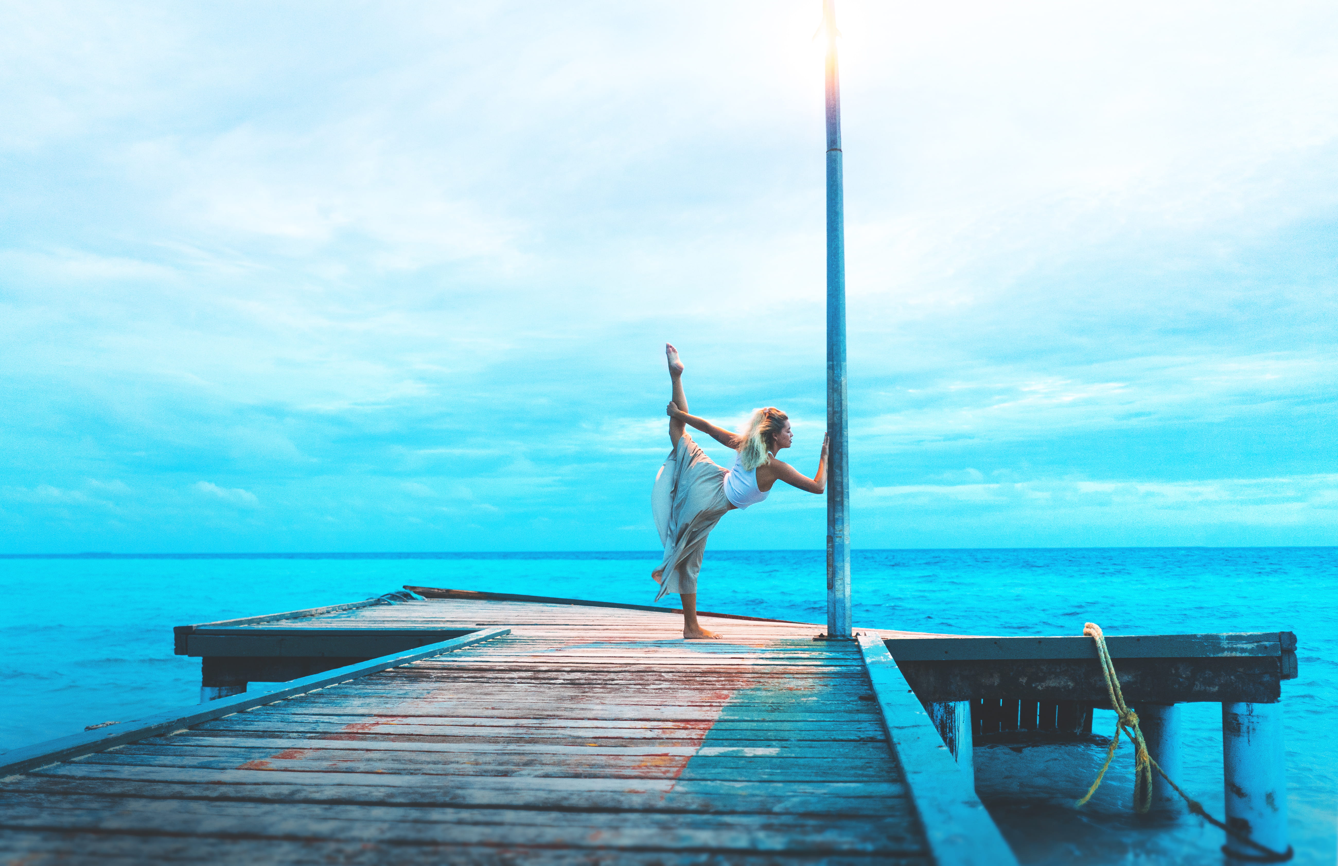 ship, leisure activity, move, travel, horizon over water, young adult, sky, pose, blue, sea, adult, cloudy, real people, pier, dance, poledance, yoga, beach, HD Wallpaper