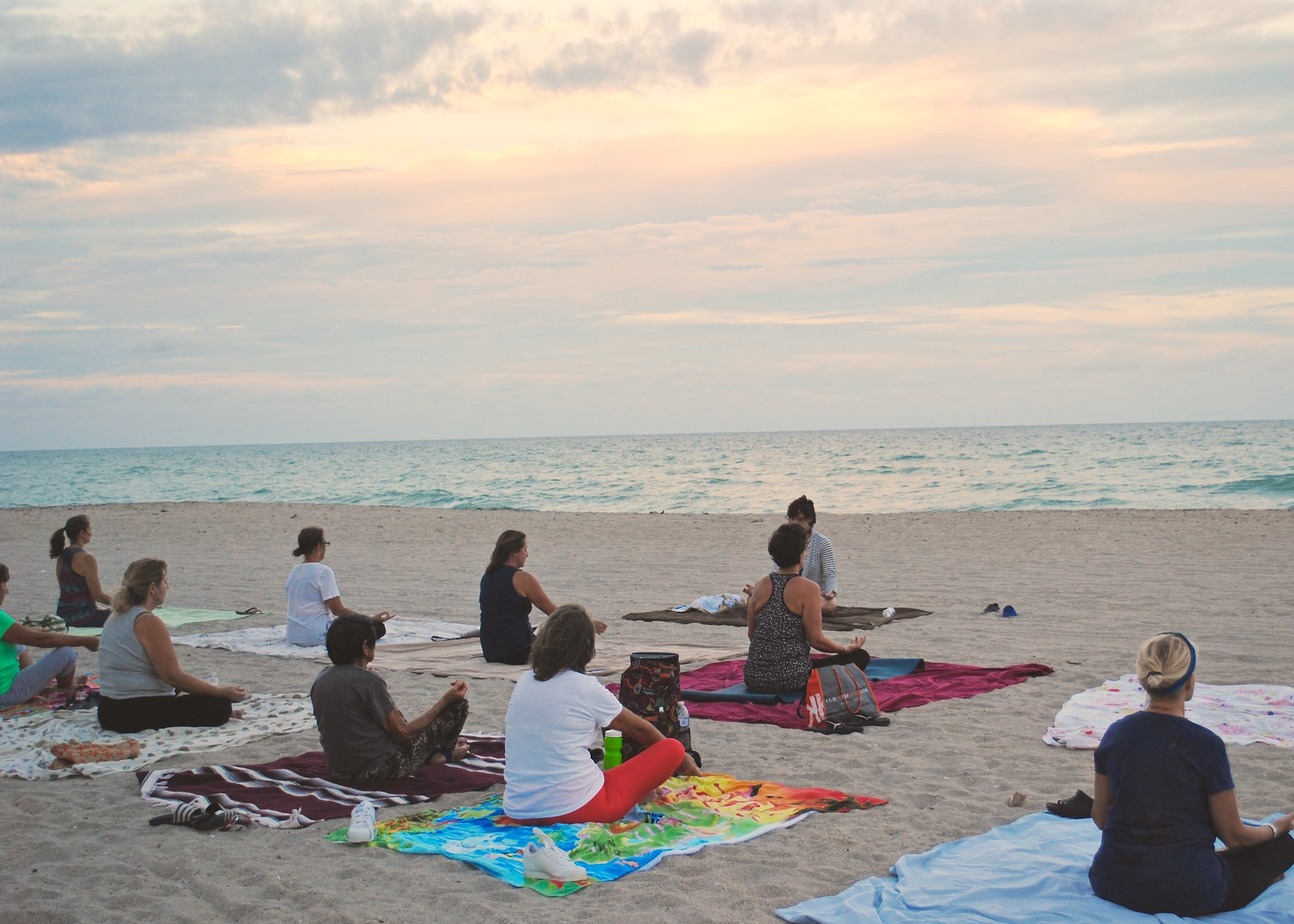 group of people, meditation, beach sunset, yoga pose, picnic, woman, fitness, calm, lifestyles, near, daytime, meditation nature, peace, women, horizon, HD Wallpaper