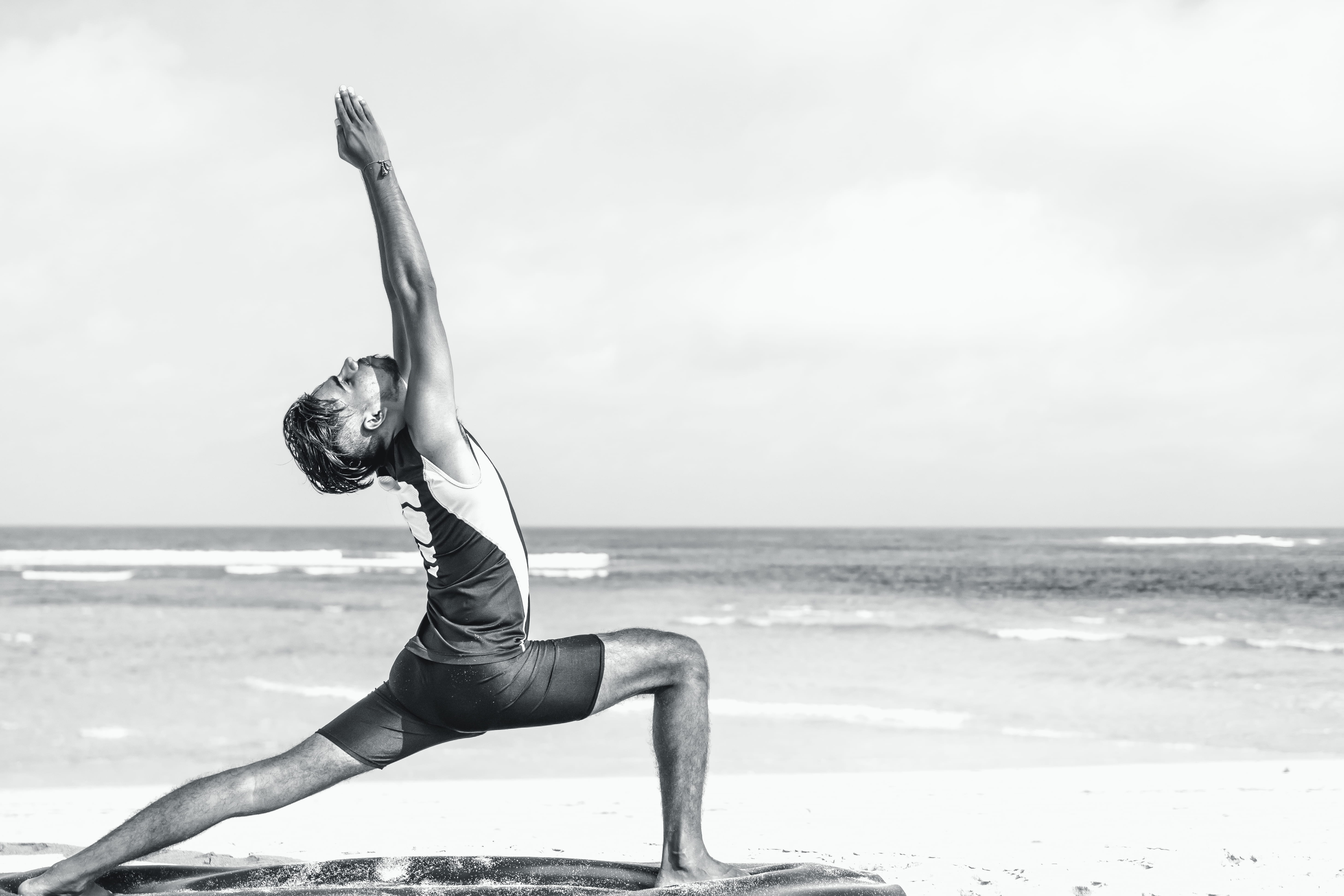 exercising, flexibility, sea, man, grayscale, one person, nature, sport, relaxation, lifestyles, exercise, 5K, stretching, stretch, adult, land, healthy lifestyle, HD Wallpaper