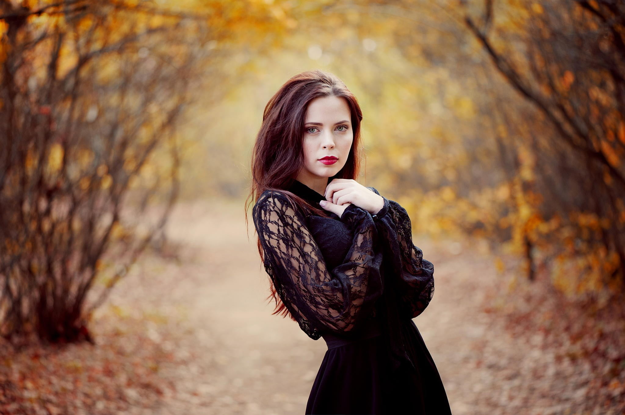 women, standing, style, brown Hair, cool, dress, women outdoors, yellow, forest, teenager, october, beautiful woman, red, cute, long Hair, human Face, woman, HD Wallpaper
