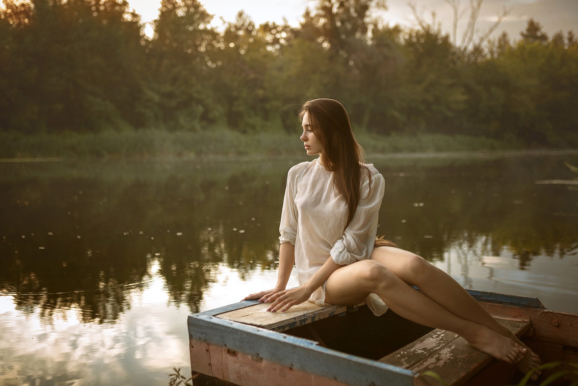 trees, brown hair, in white, Albert Lesnoy, pose, bokeh, makeup, forest, portrait, figure, nature, river, Albert Forest, dress, legs, sitting, beautiful, HD Wallpaper