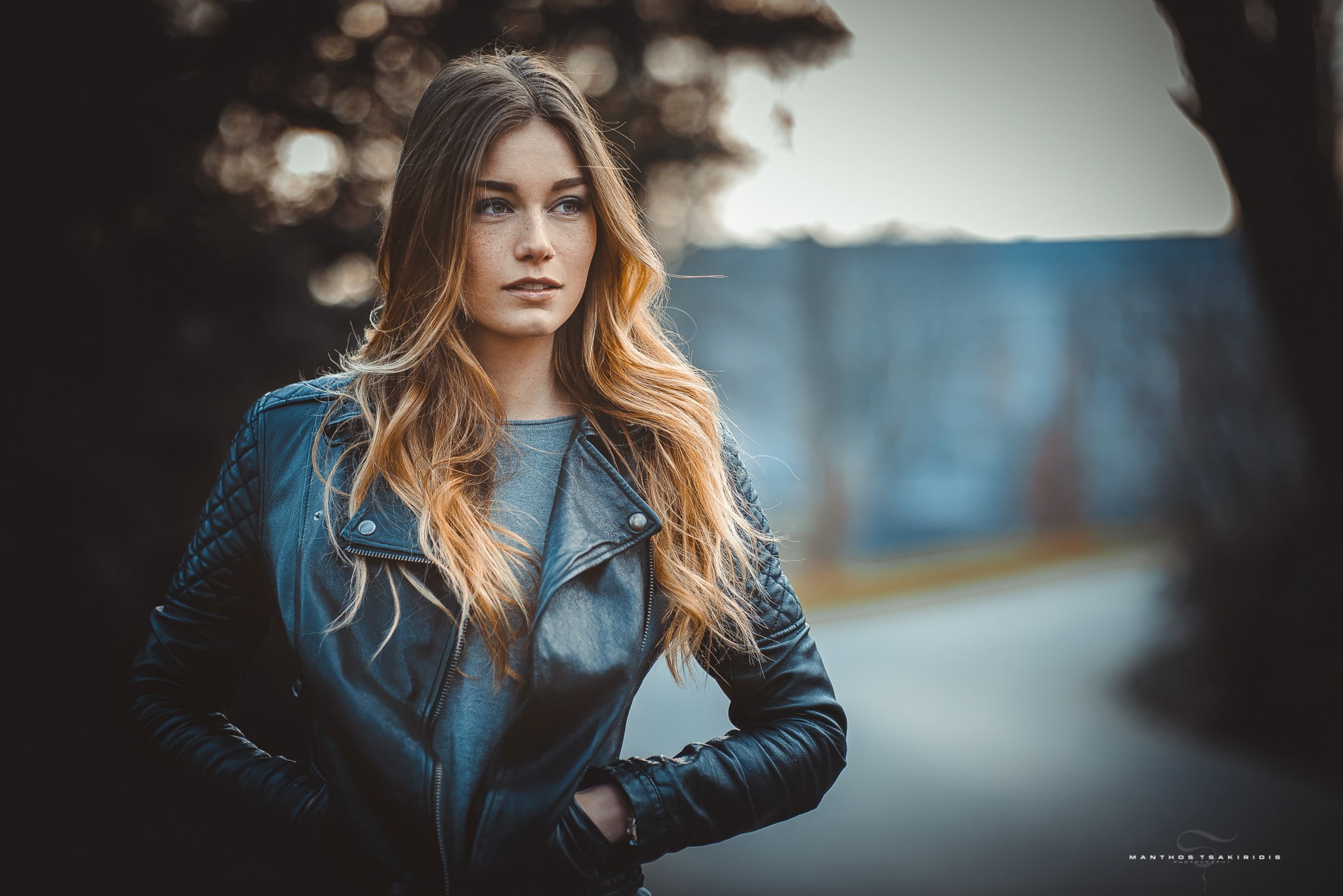 beautiful people, woman, leather Jacket, model, adult, caucasian Ethnicity, jacket, brown Hair, human Hair, young Adult, real People, long Hair, Manthos Tsakiridis, HD Wallpaper