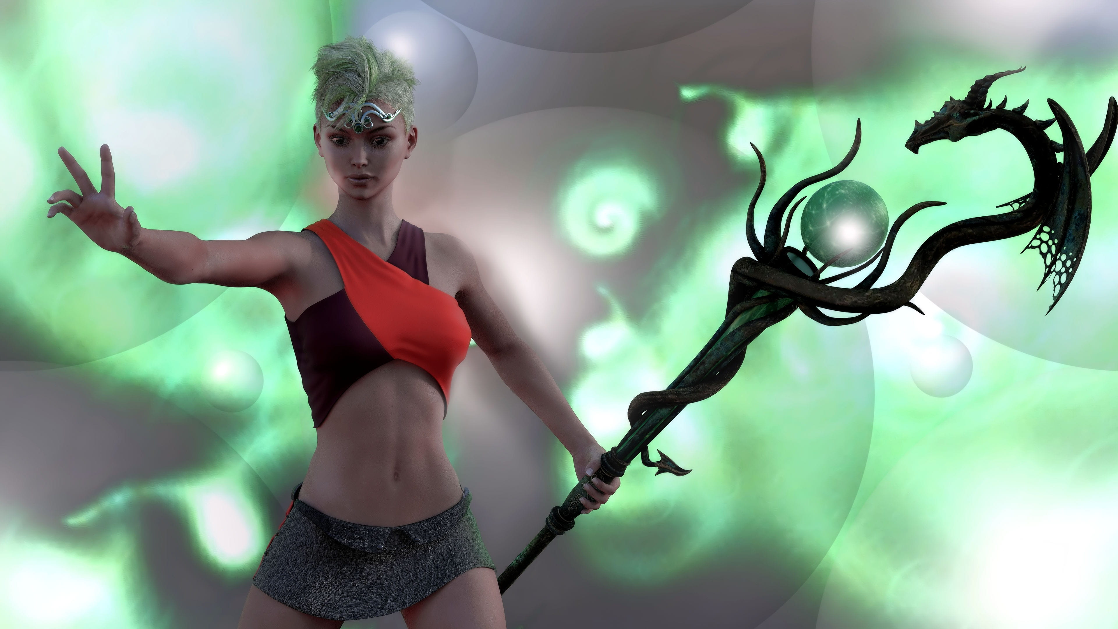 technology, green color, limb, human arm, pride, long hair, beauty, cyborg, 4K, lens flare, warrior, adult, arms raised, femininity, amazone, studio shot, HD Wallpaper
