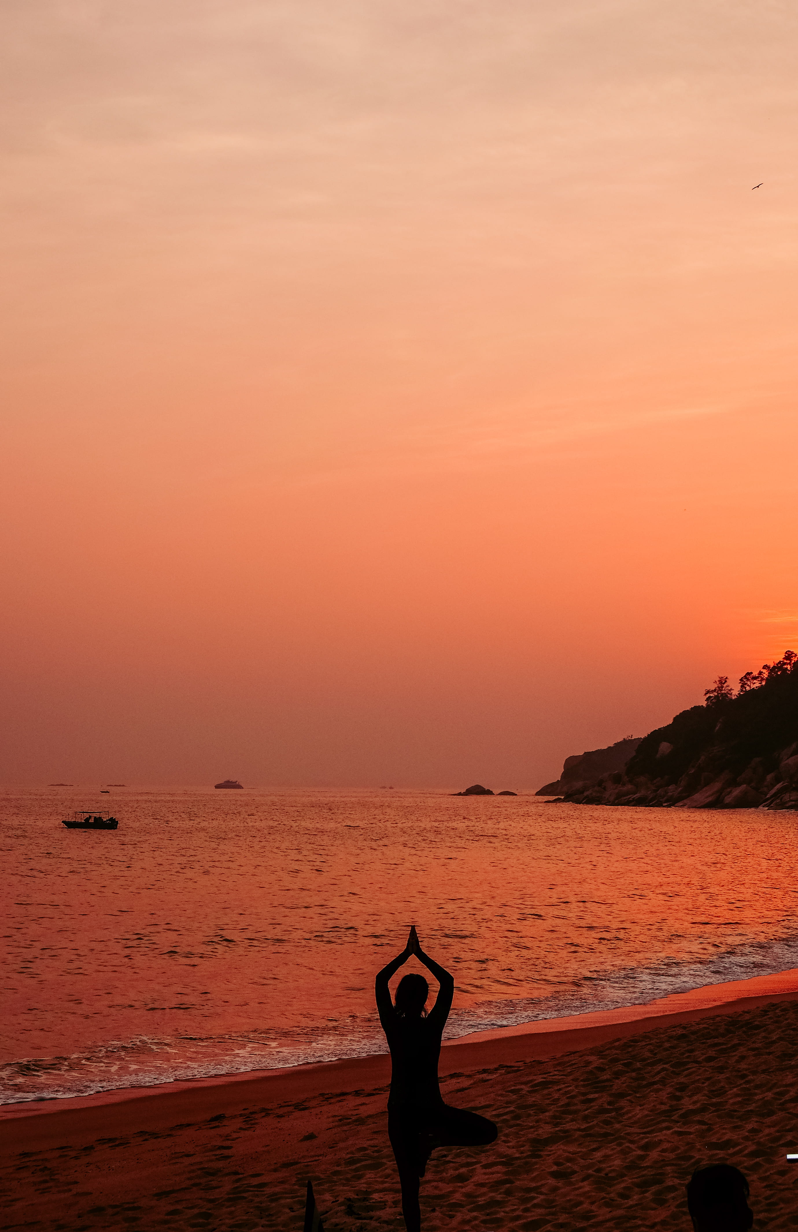 leisure activity, ocean, orange color, human arm, one person, beach, exercising, water, tranquility, horizon over water, yoga, woman, lifestyles, beauty in nature, Phone HD Wallpaper