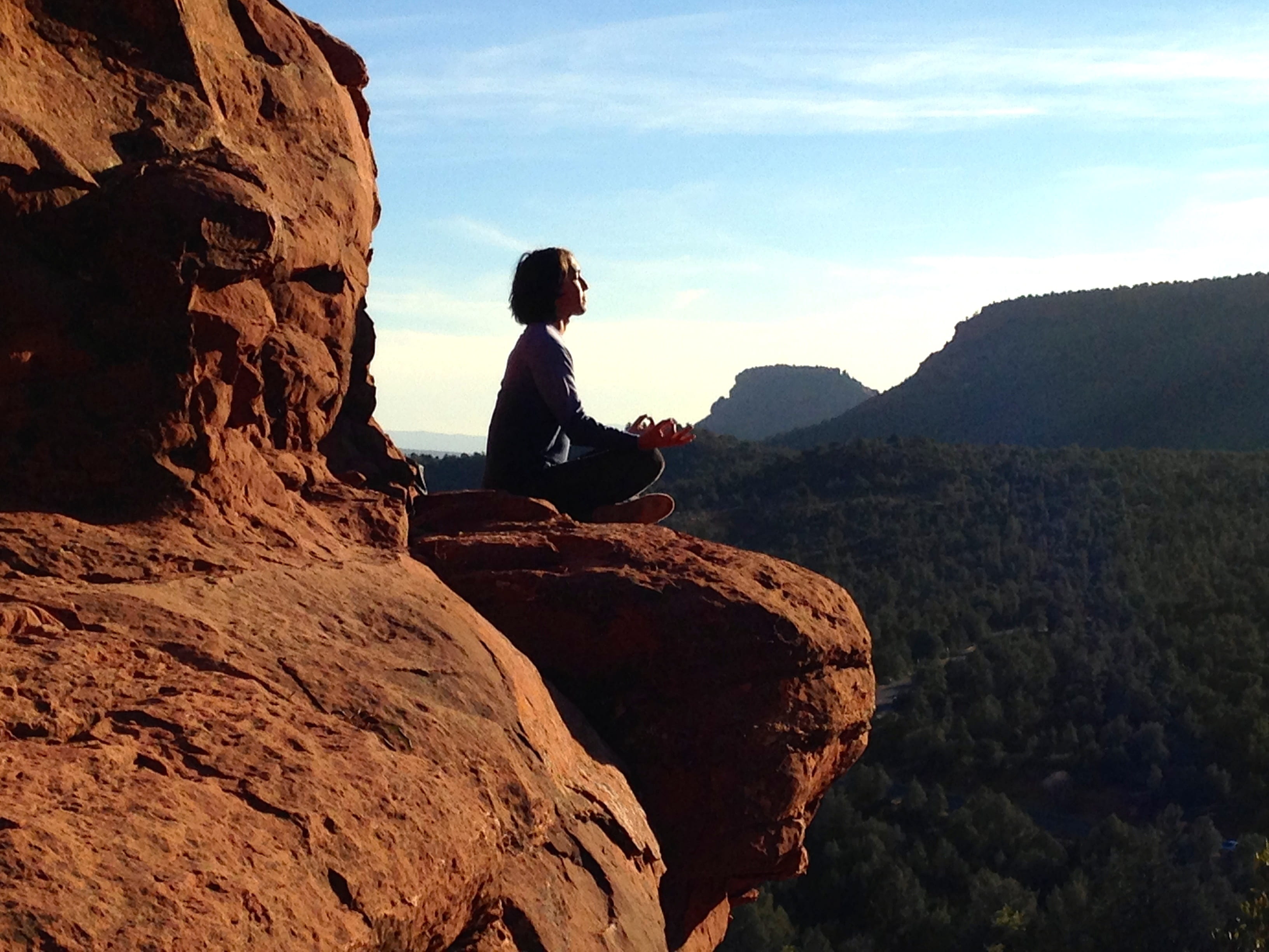 tranquil, rock, rock formation, looking at view, peace, wellness, full length, brown, namaste, cliff, meditating, young adult, mountain range, one person, HD Wallpaper