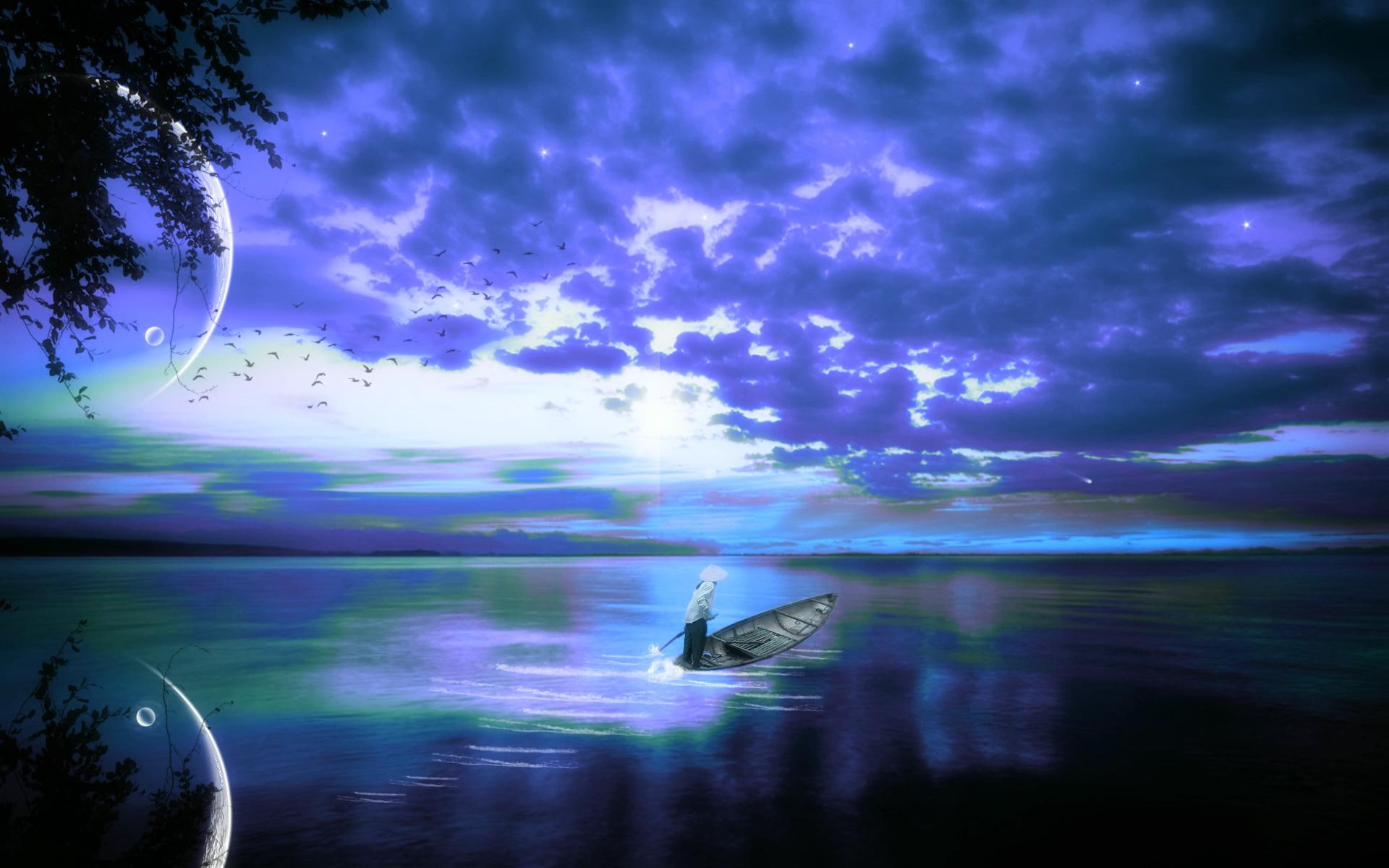 lake, waters, cloud, 3d and abstract, silent, blue, fantasy, 1080P, HD Wallpaper
