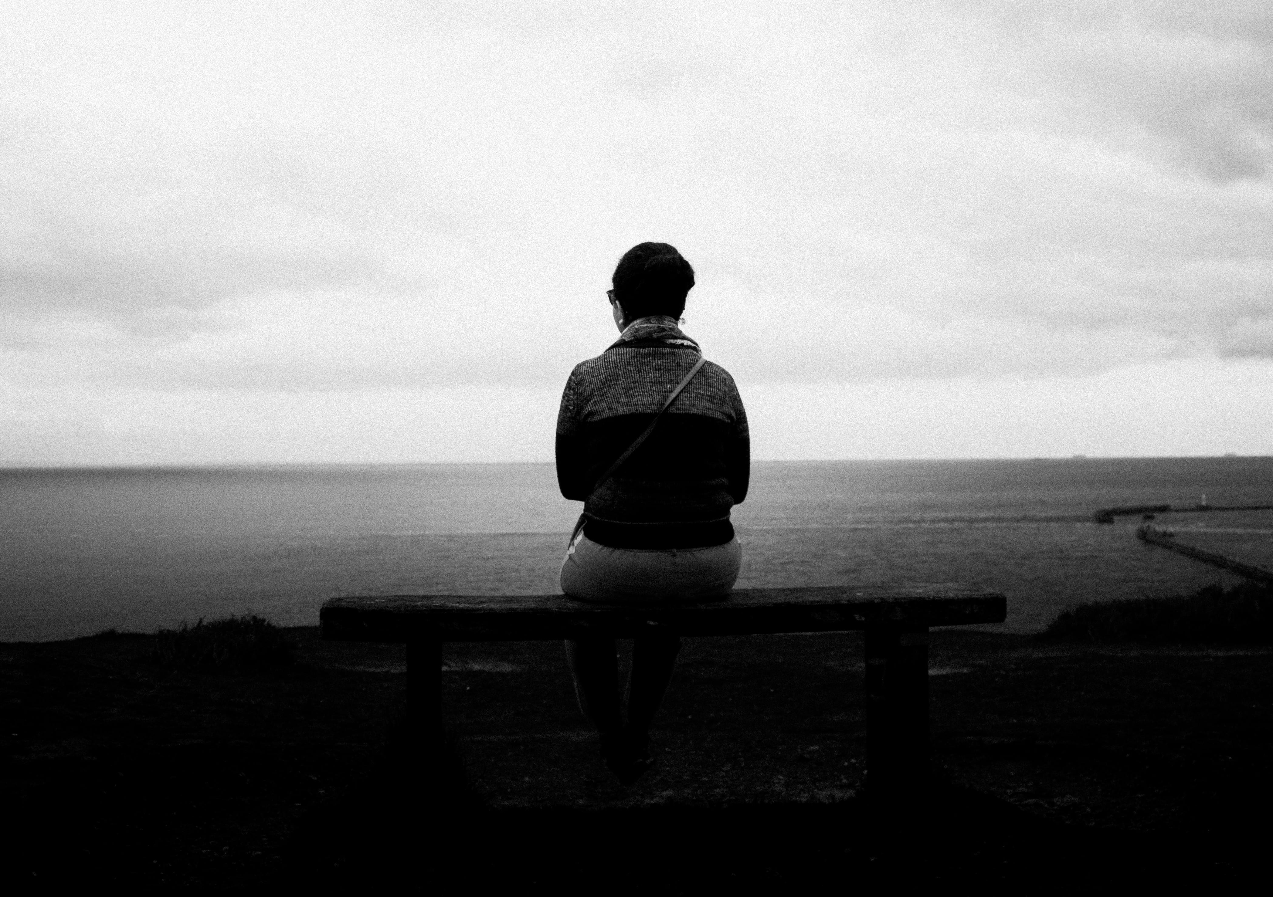 day, loney, seaton, horizon, person, beauty in nature, scenics - nature, relaxation, the veaw, sitting, mountin, nature, tranquil scene, depression, rear view, HD Wallpaper