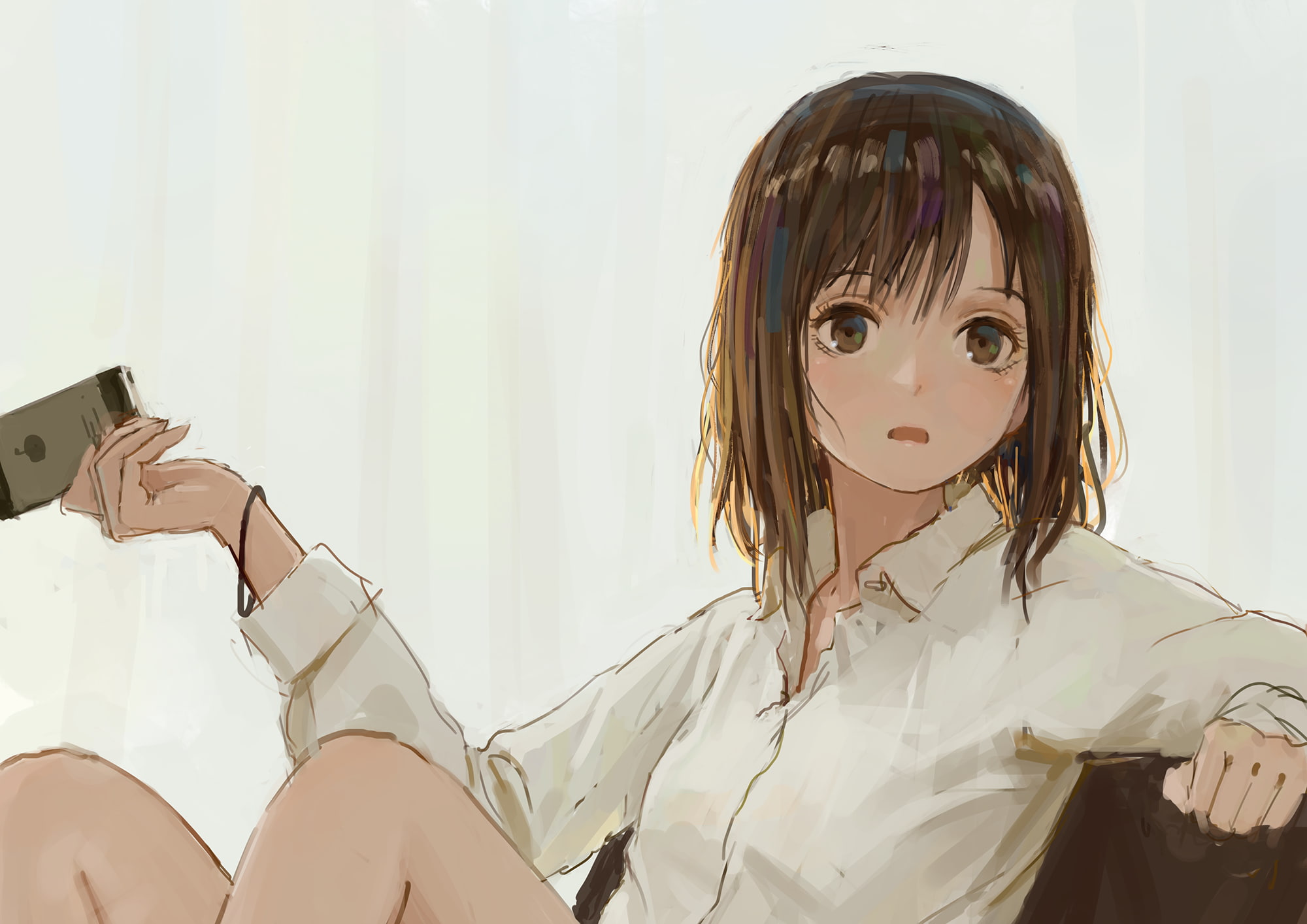 child, females, wall - building feature, childhood, 1080P, hairstyle, phone, headshot, looking at camera, girls, innocence, white shirt, portrait, real people, HD Wallpaper
