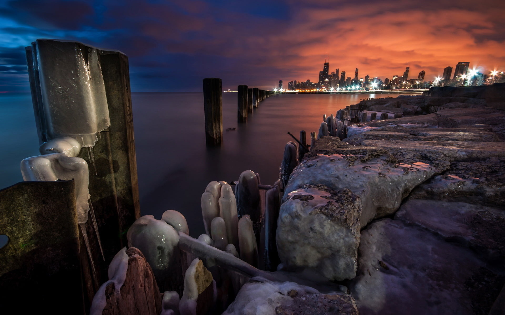 illinois, rock, lakes, post, ice, wooden post, states, 1080P, tranquility, land, water, beauty in nature, mid north, sunset, district, winter, solid, chicago, HD Wallpaper