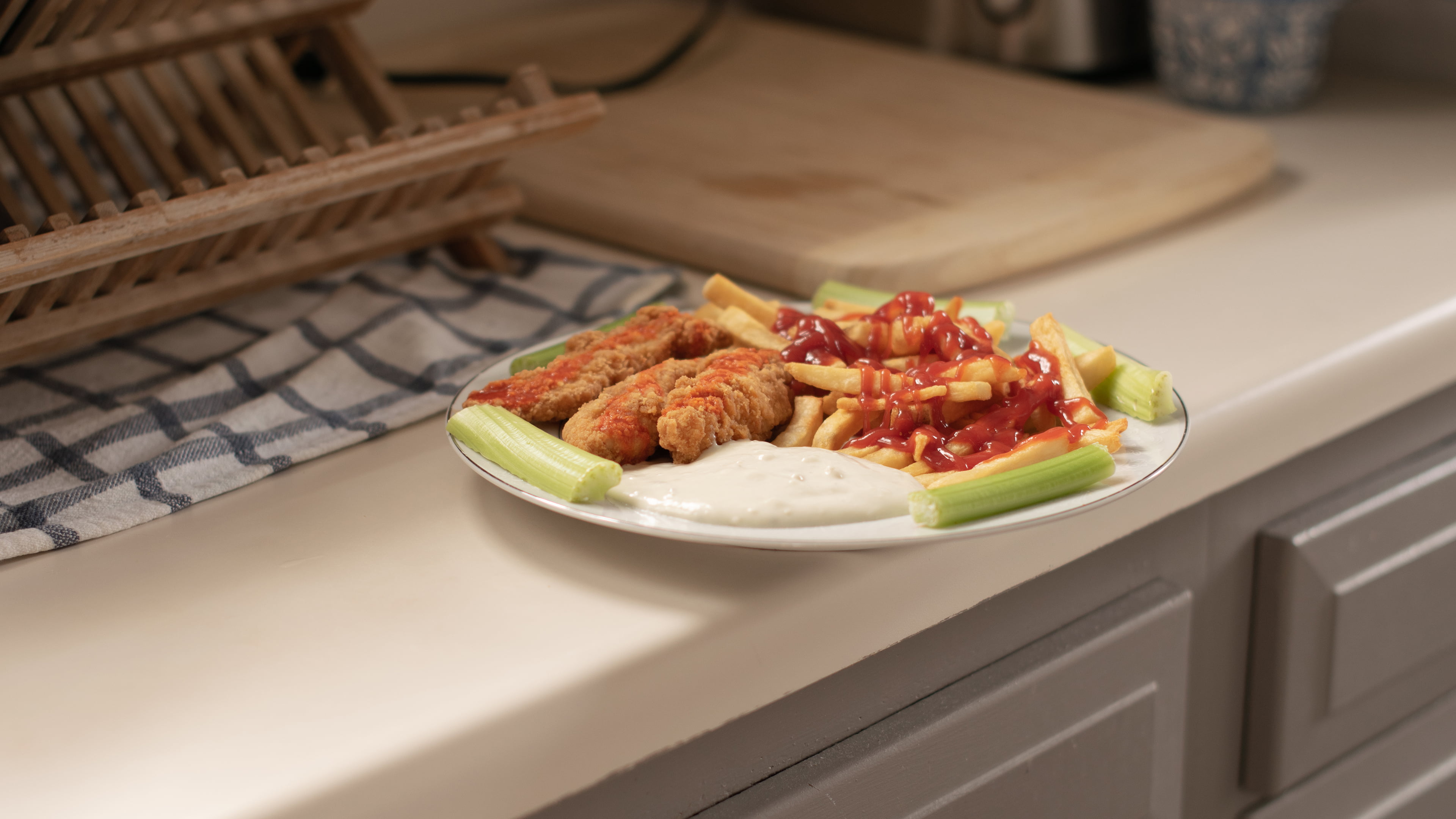 French fries, fried chicken, ketchup, 4K, celery, food, HD Wallpaper