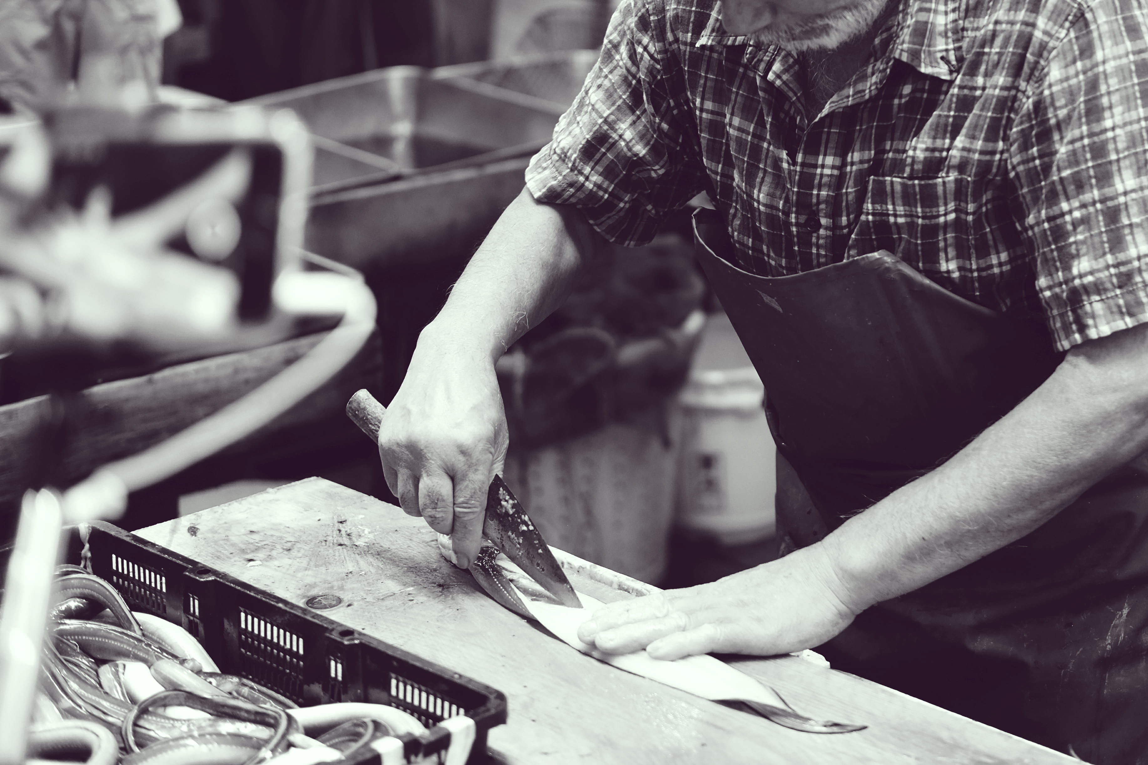 guy, workshop, beside, freshness, skill, apron, art and craft, 2K, checked, using, pinafore, man, working, fish, butcher, standing, food preparation, food, HD Wallpaper