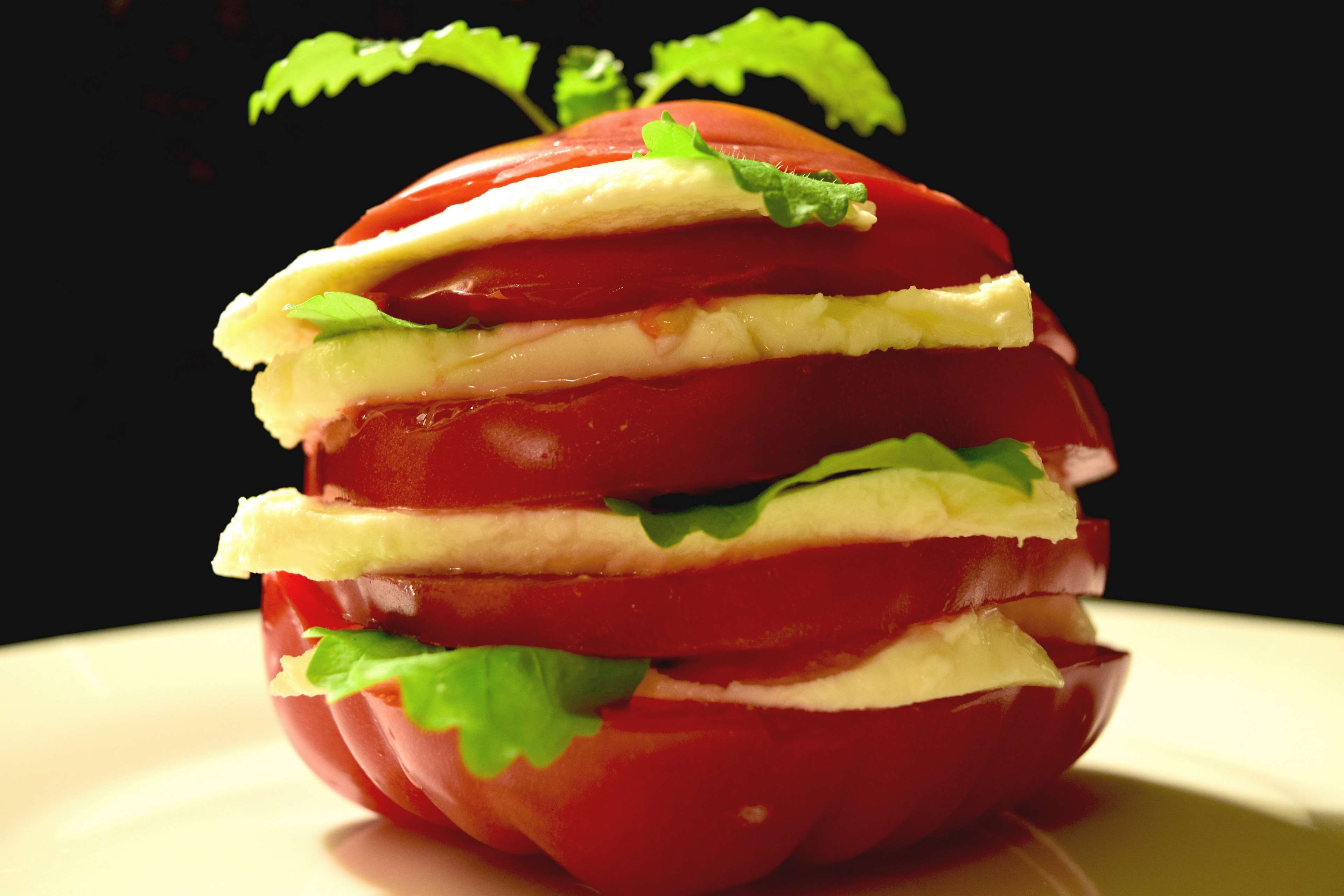 indoors, hamburger, sandwich, food, theme layers, bread, caprese, tomato, temptation, studio shot, freshness, food and drink, no people, burger, fruit, HD Wallpaper