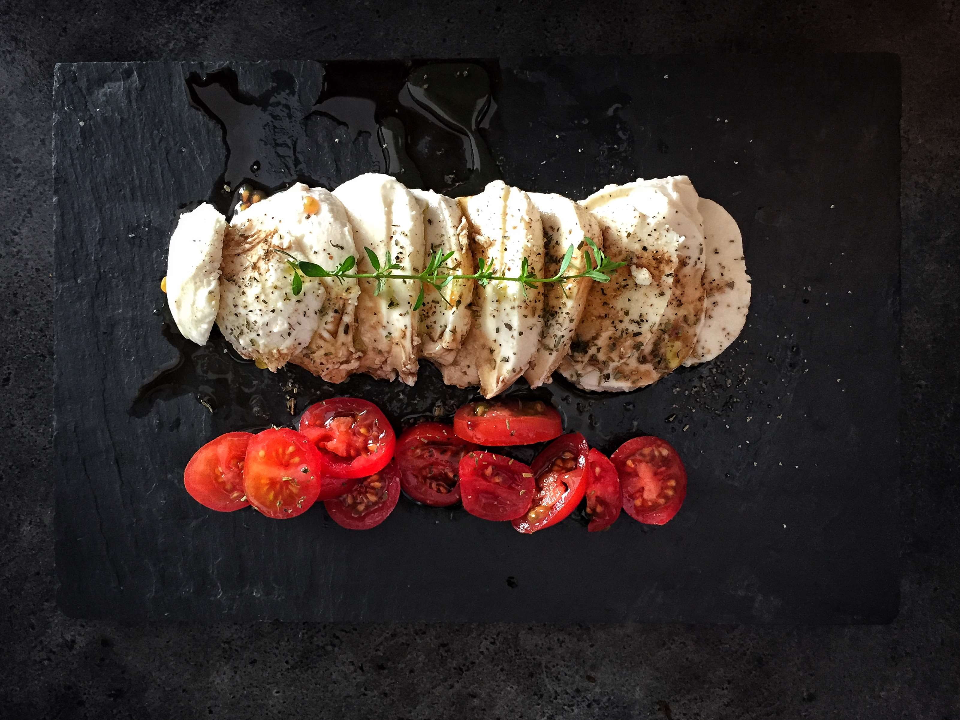 close-up, caprese, kitchen, freshness, ready-to-eat, vinegar, black background, mozzarella, high angle view, wellbeing, still life, salad, meat, food and drink, HD Wallpaper