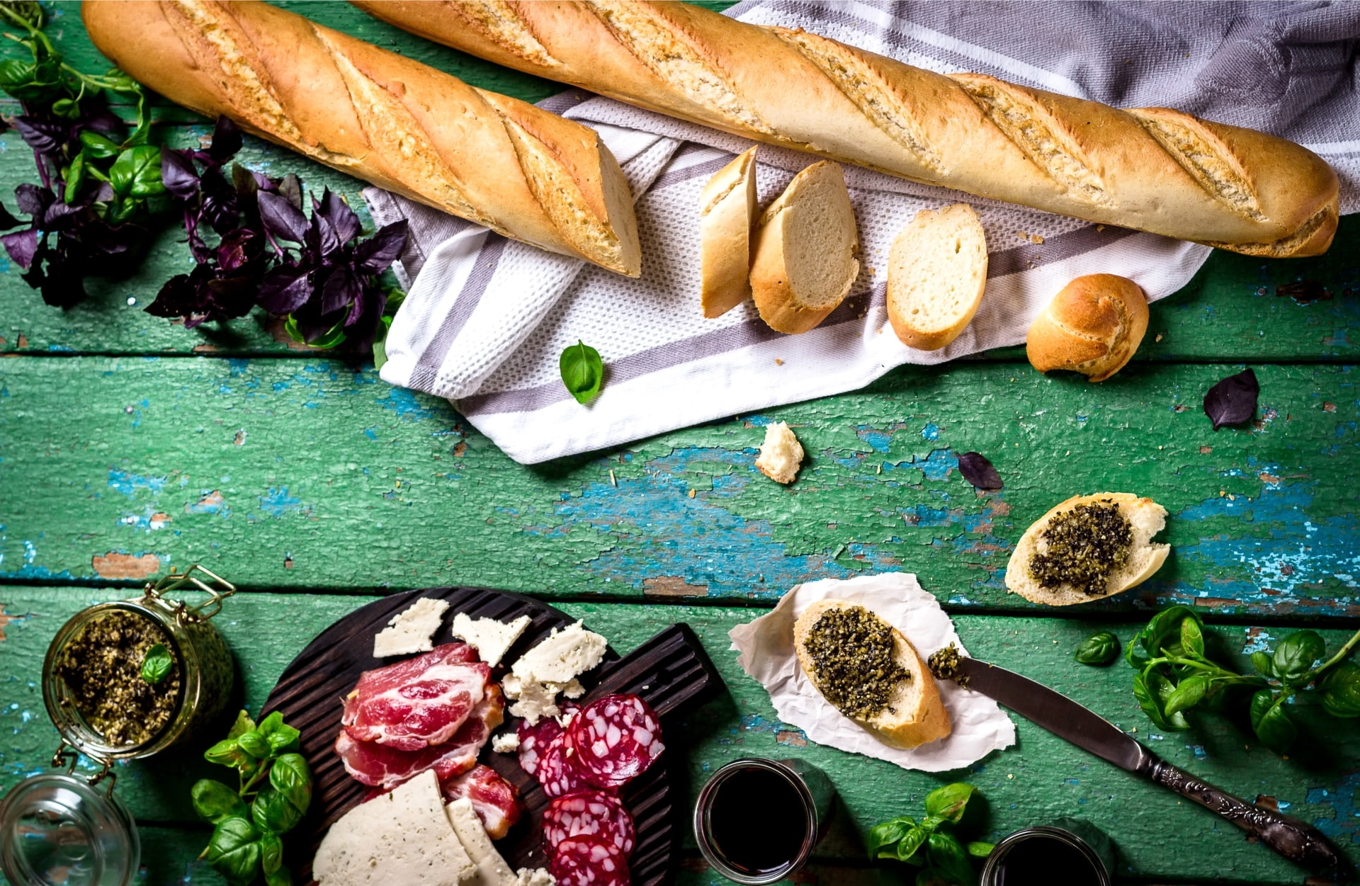 bread, Basil, baguette, meat, pesto, sausage, cheese, 1080P, HD Wallpaper