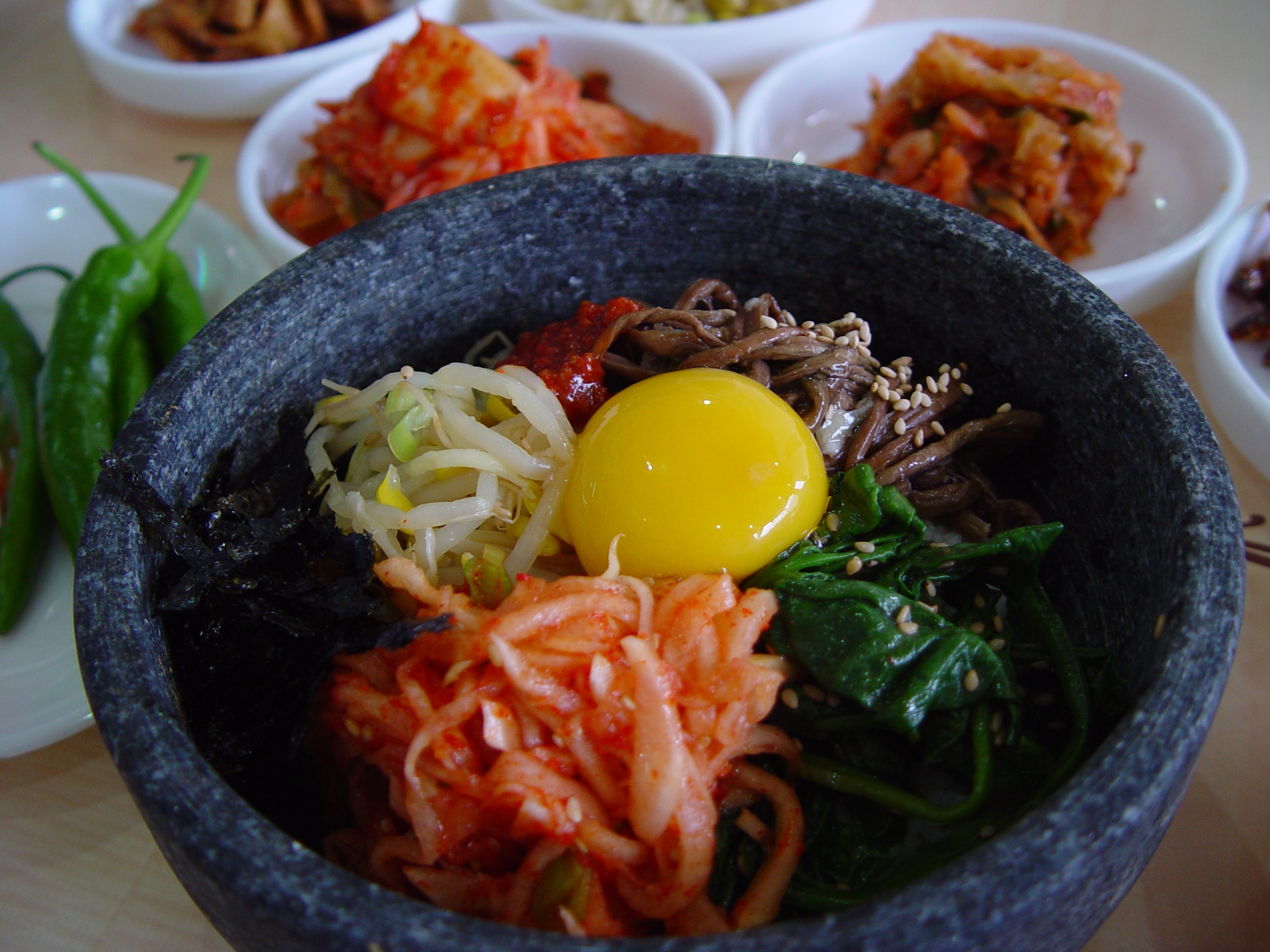 freshness, vegetable, korean food, wellbeing, crockery, egg yolk, indoors, close-up, black, brown, asian, bibimbap, table, dinner, healthy eating, 2K, HD Wallpaper
