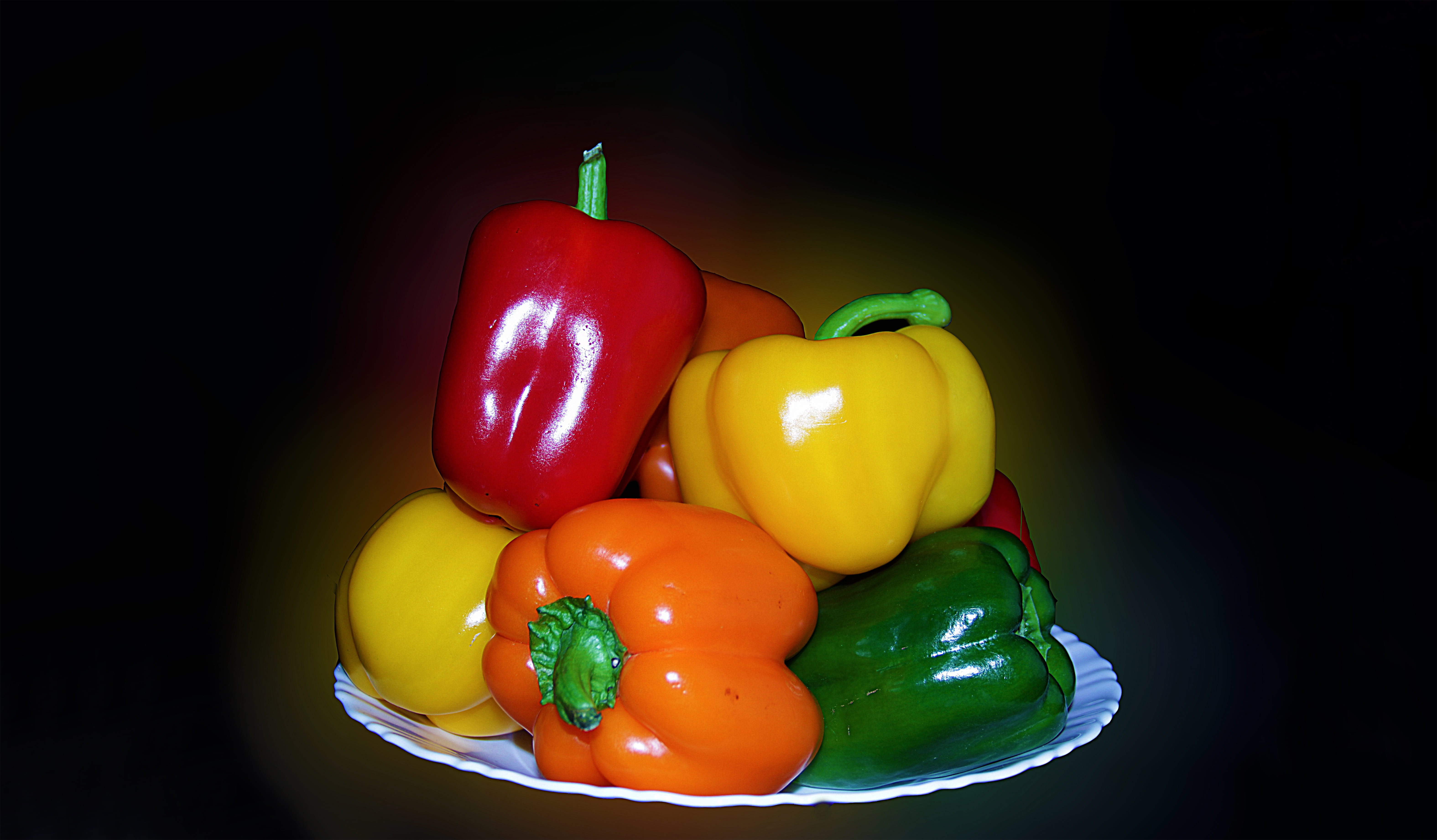 and, vegetable, red, colorful, studio shot, yellow, freshness, pepper - vegetable, wellbeing, green color, organic, vegetarian food, black background, capsicum, HD Wallpaper
